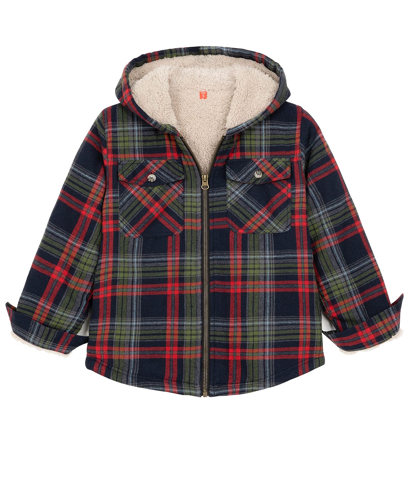 Boys Sherpa Lined Full Zip Flannel Plaid Shirt Jacket,Cozy Hooded Flannel Shirt with Hand Pockets