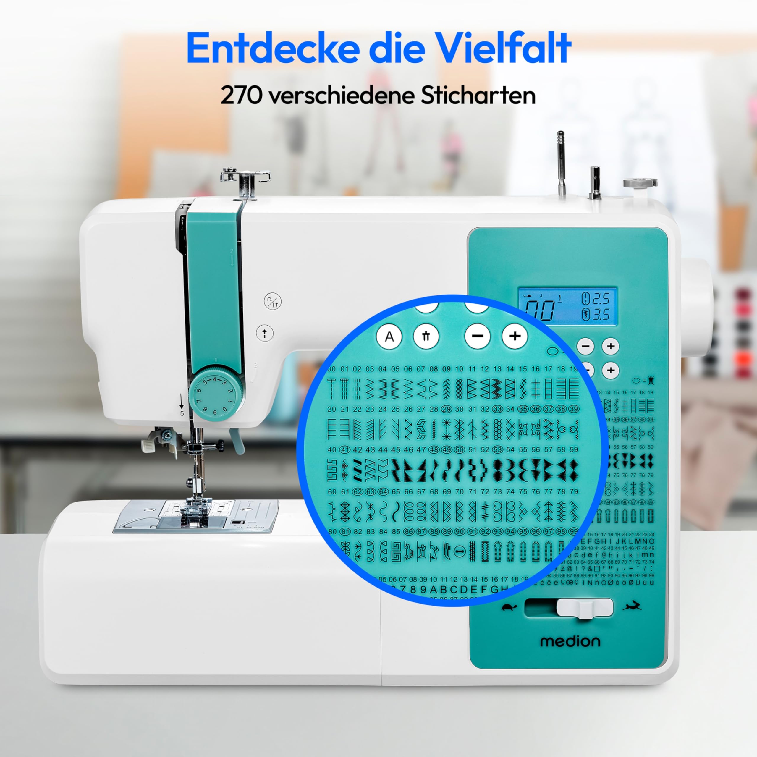 MEDION Digitale Nähmaschine SD36 (36 Watt, einstellbare Stichlänge und Stichbreite, 270 Stichmuster, LED Nählicht, automatischer Einfädler, Fußpedal, Rückwärtstaste, Fadenschneider, MD11881) türkis