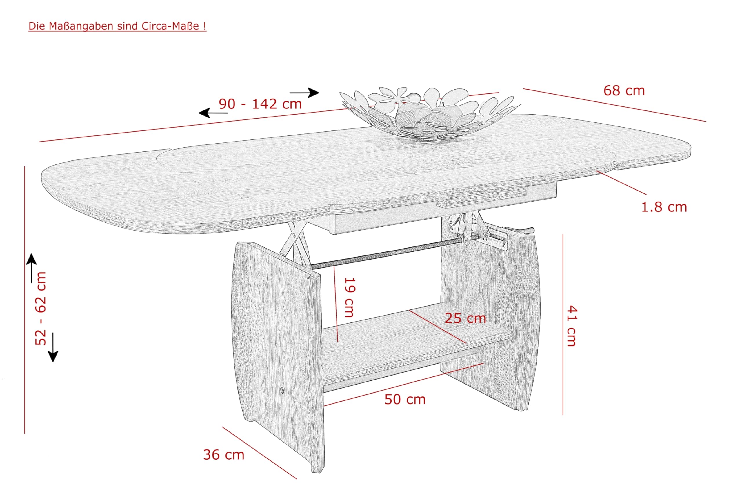 Hela Tische, Funktionscouchtisch Michael, Holzoptik melaminbeschichtet, Dekor Weiß, ausziehbar 90-142cm, höhenverstellbar mit Kurbel 52-62cm