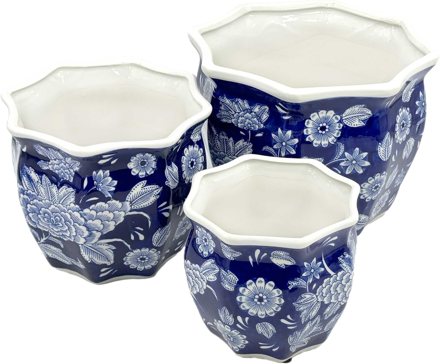 Galt International Dark Blue & White Round Fluted Floral Porcelain Ceramic Plant Flower Planter Pot Set of 3 (7.5", 10", 13") Garden Pots Chinese Asian Design