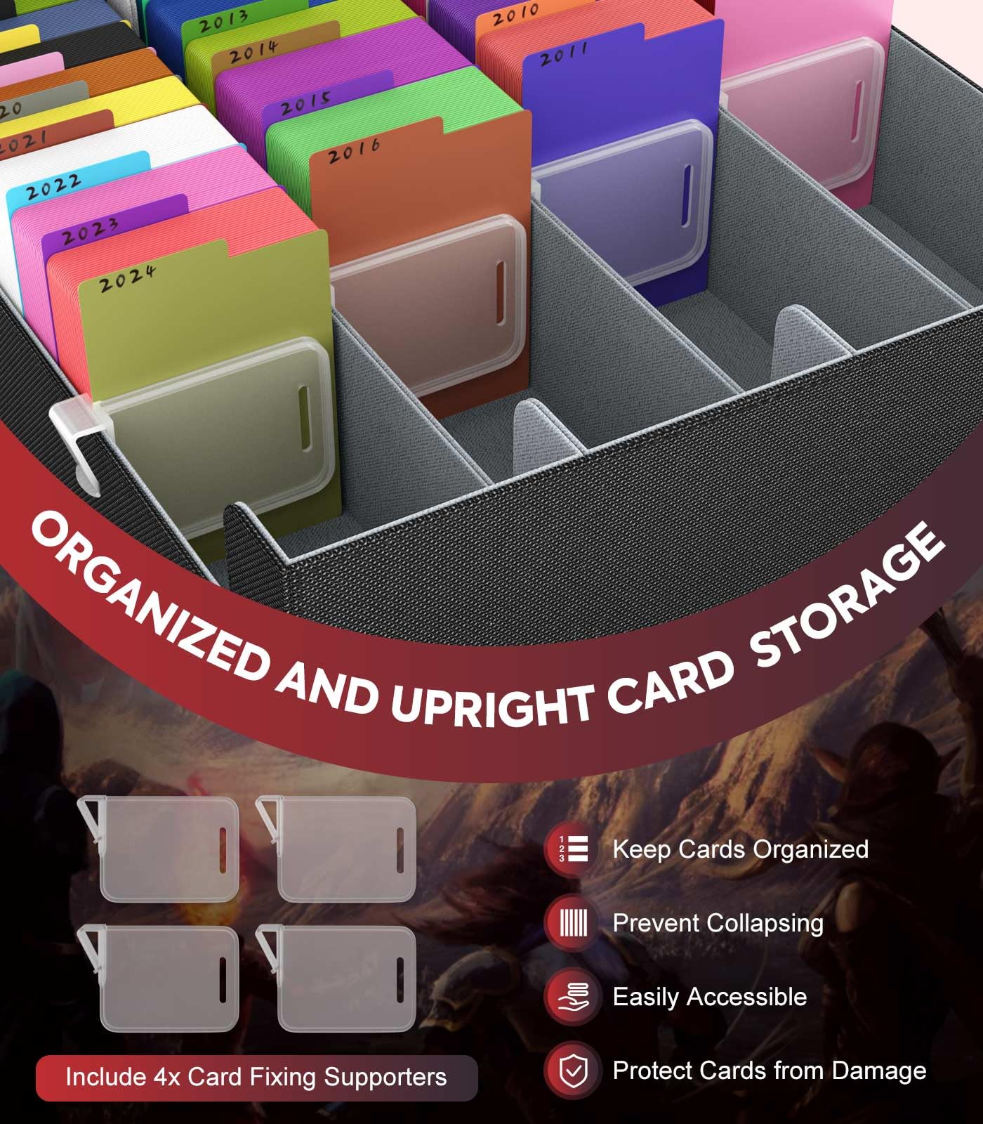 MoKo Trading Card Storage Box, 3000+ MTG Deck Box with 24 Colorful Dividers & 4 Card Supporters - Image 4