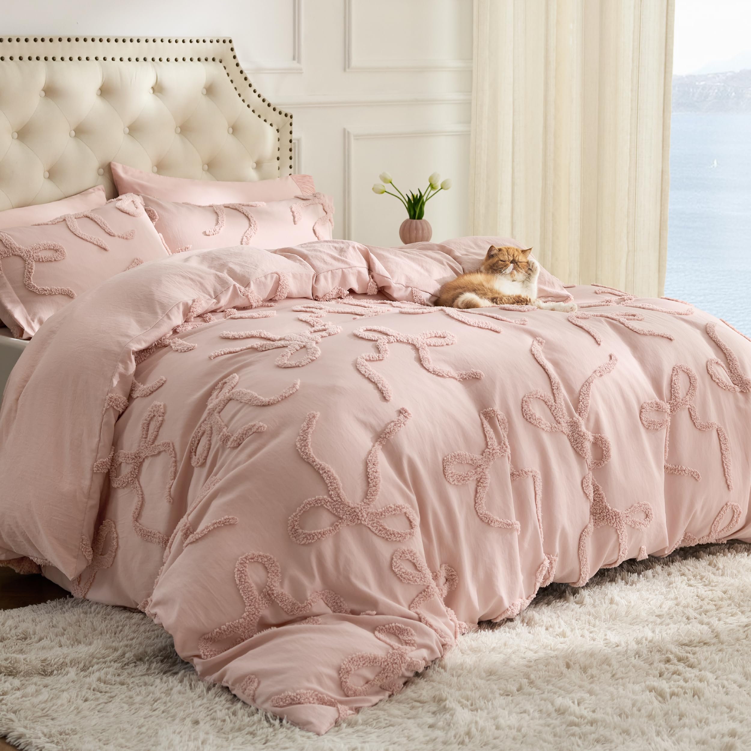 Bedsure Tufted Bow Rose Pink Queen Comforter Set