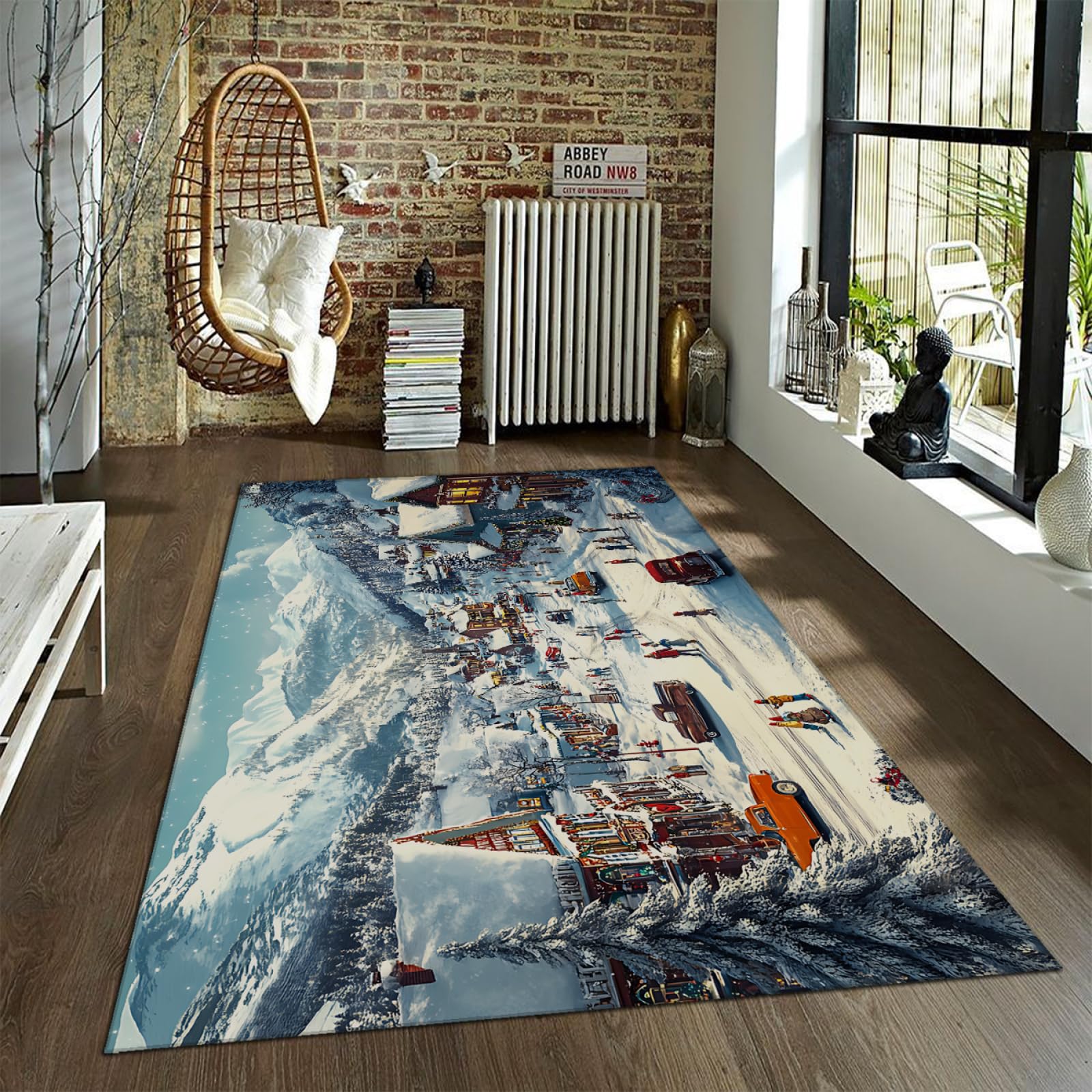 Tapis fin à pils 60x90cm lavable motif sapin de Noël et maison enneigée pour chambre