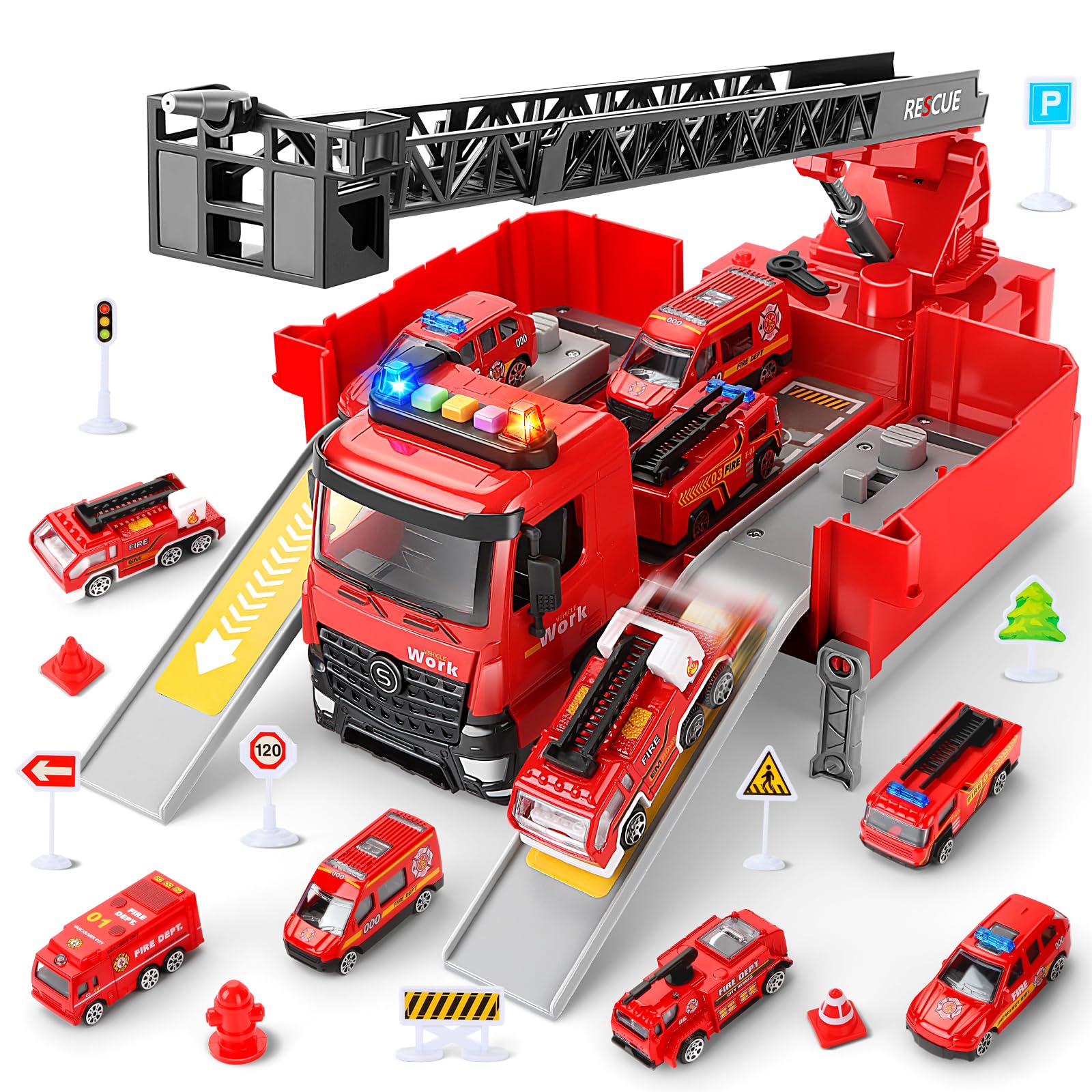 JONRRYIN Camion Pompieri Giocattolo per Bambini, Autopompa dei Vigili del Fuoco con Luci e Suoni, Pompiere Giocattoli con Irrigatore e Scala Retrattile, Regalo Antincendio Bambini 3 4 5 6 7 8 Anni