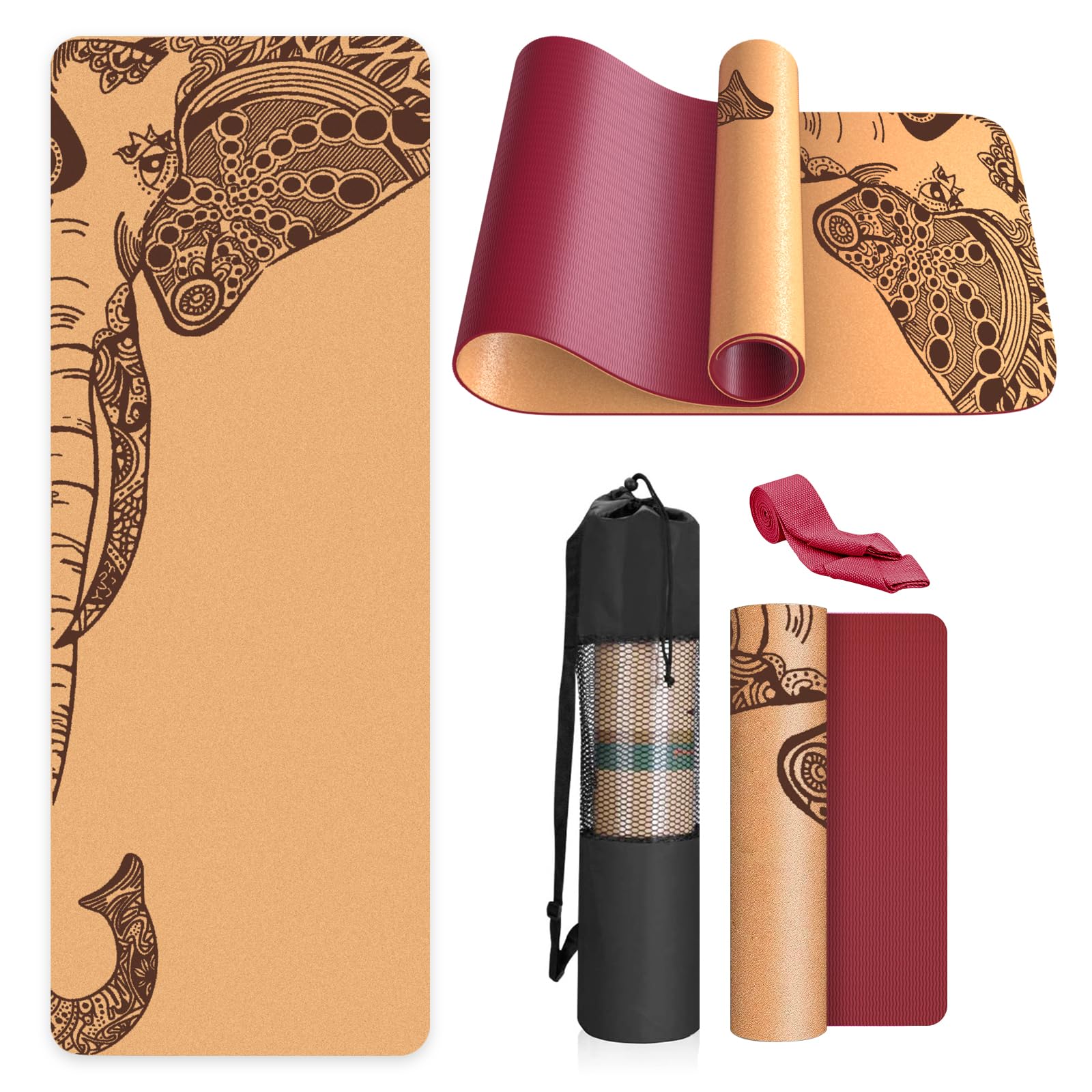 Haninj Cork Yoga Mat Non Slip Unique Design Natural Cork Tpe Material Fitness Exercise Mat with Carry Bag and Strap For Home, Pilates,Aerobic,Gym & Workout 72 X 24 (Bordeaux-Elephant)