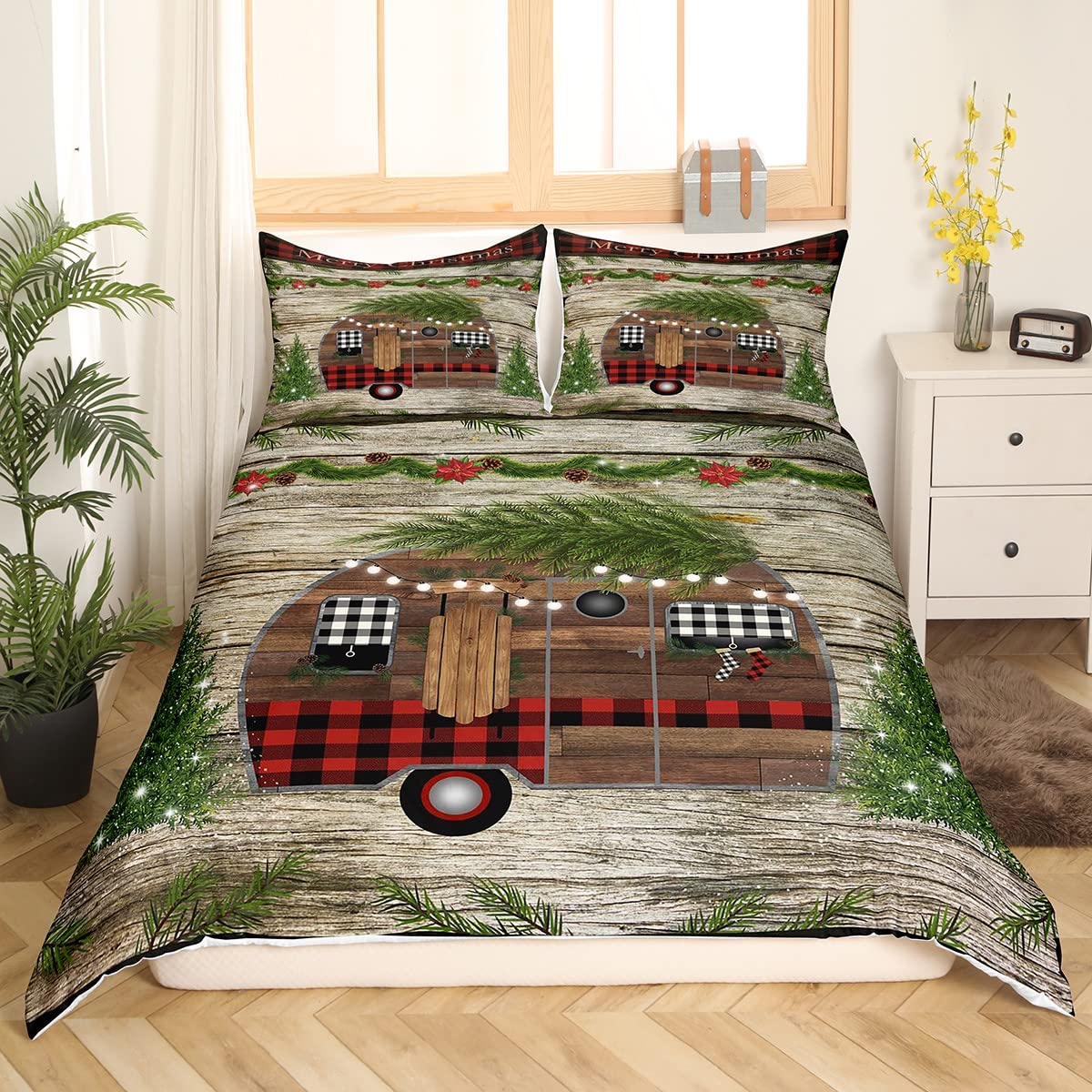 Juego de ropa de cama de coche de camping a cuadros de Merry Christmas para caravana, vintage de viaje con funda de edredón de árbol de pino de Navidad, juego de cama rústico de estilo granja marrón,
