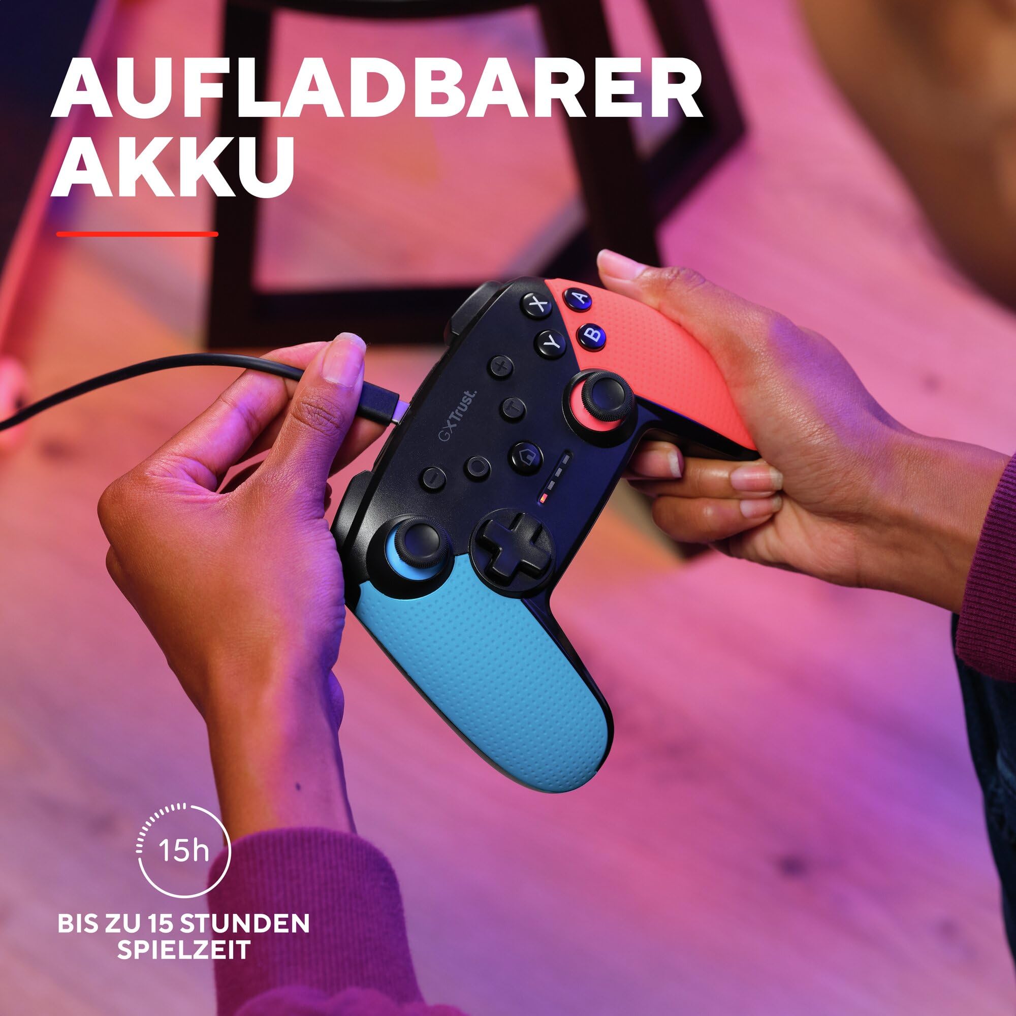 Trust Gaming GXT 1246B Muta Bluetooth Nintendo Switch Controller, Gaming Controller mit Play-and-Charge-Kabel, Dual-Shock-Vibration, 15h Spielzeit, Aufladbarer Akku, für Switch Lite, OLED, Blue Rot