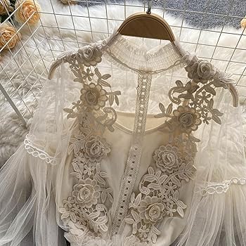 Breathable Shirt Women's See-through Mesh Party with Flower