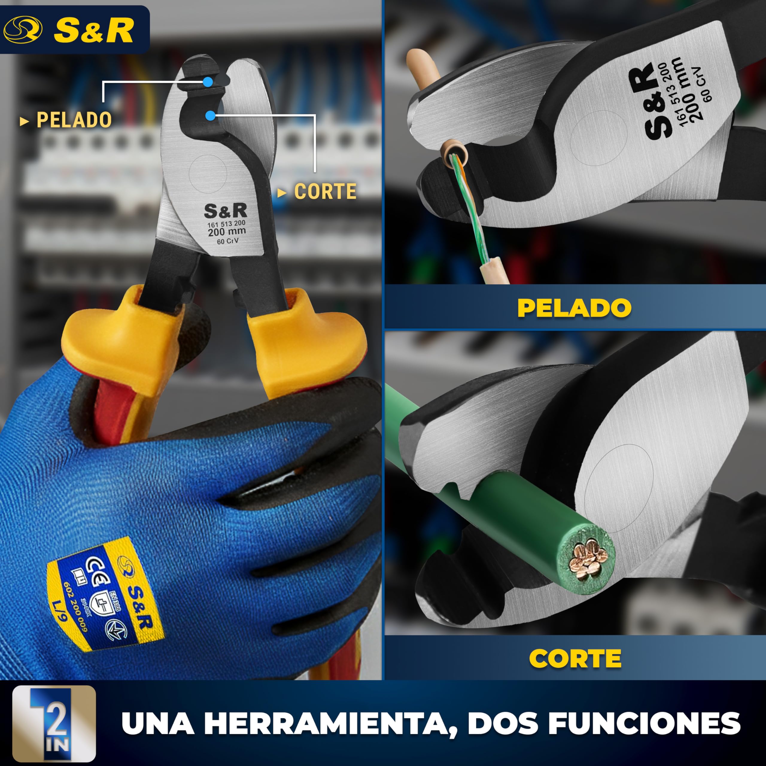 S&R Alicate Cortacables electricista aislada VDE hasta 1000 V - Cortador Alambre 20 cm acero 70C dureza 66 HRC