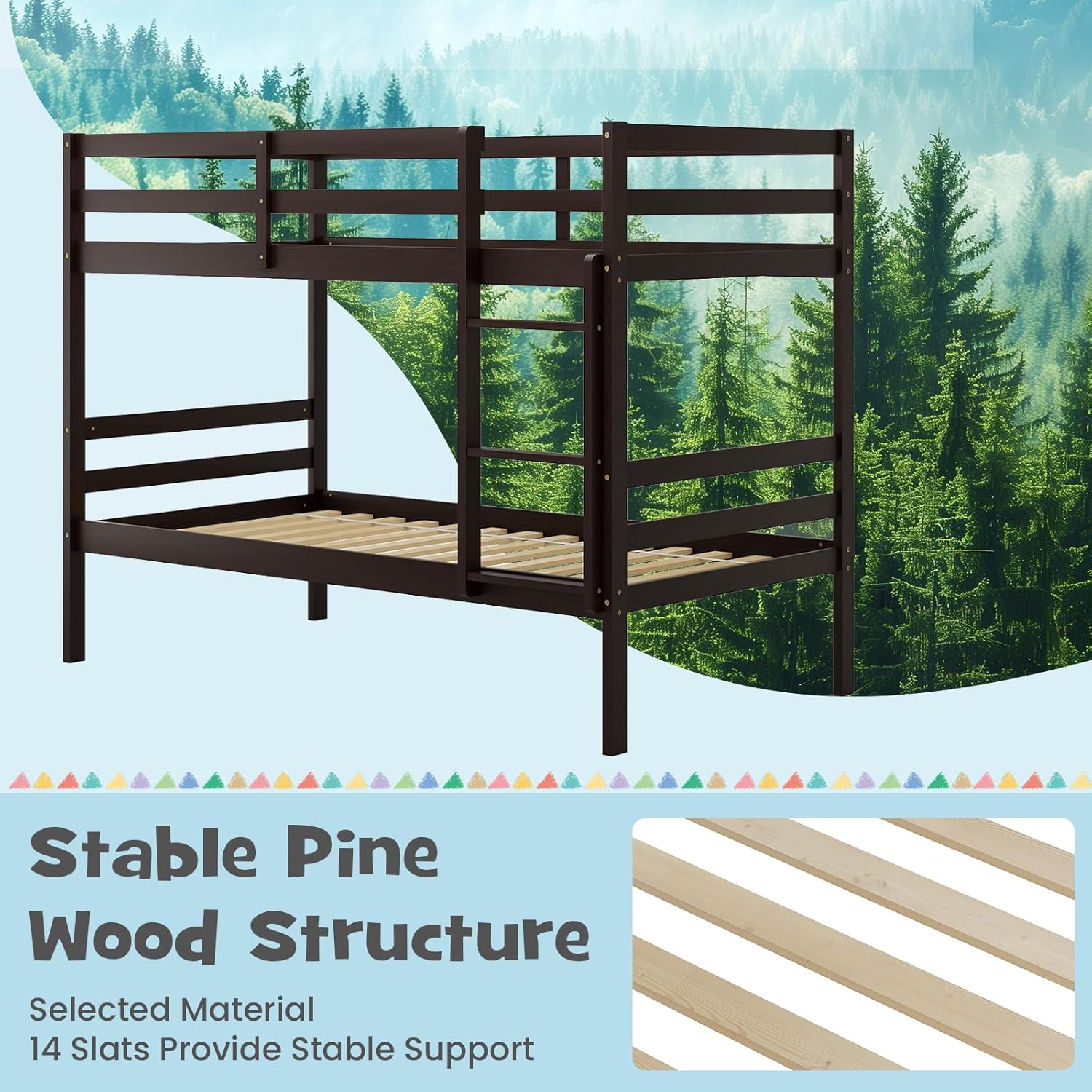 GORELAX Twin Over Twin Bunk Bed, Space Saving Wood Bed Frame w/Under Bed Storage, Ladder & Guardrail, Dorm & Multichild Family, Modern Bunk Bed for Kids, Teens, Sleepovers, Adults (Espresso)