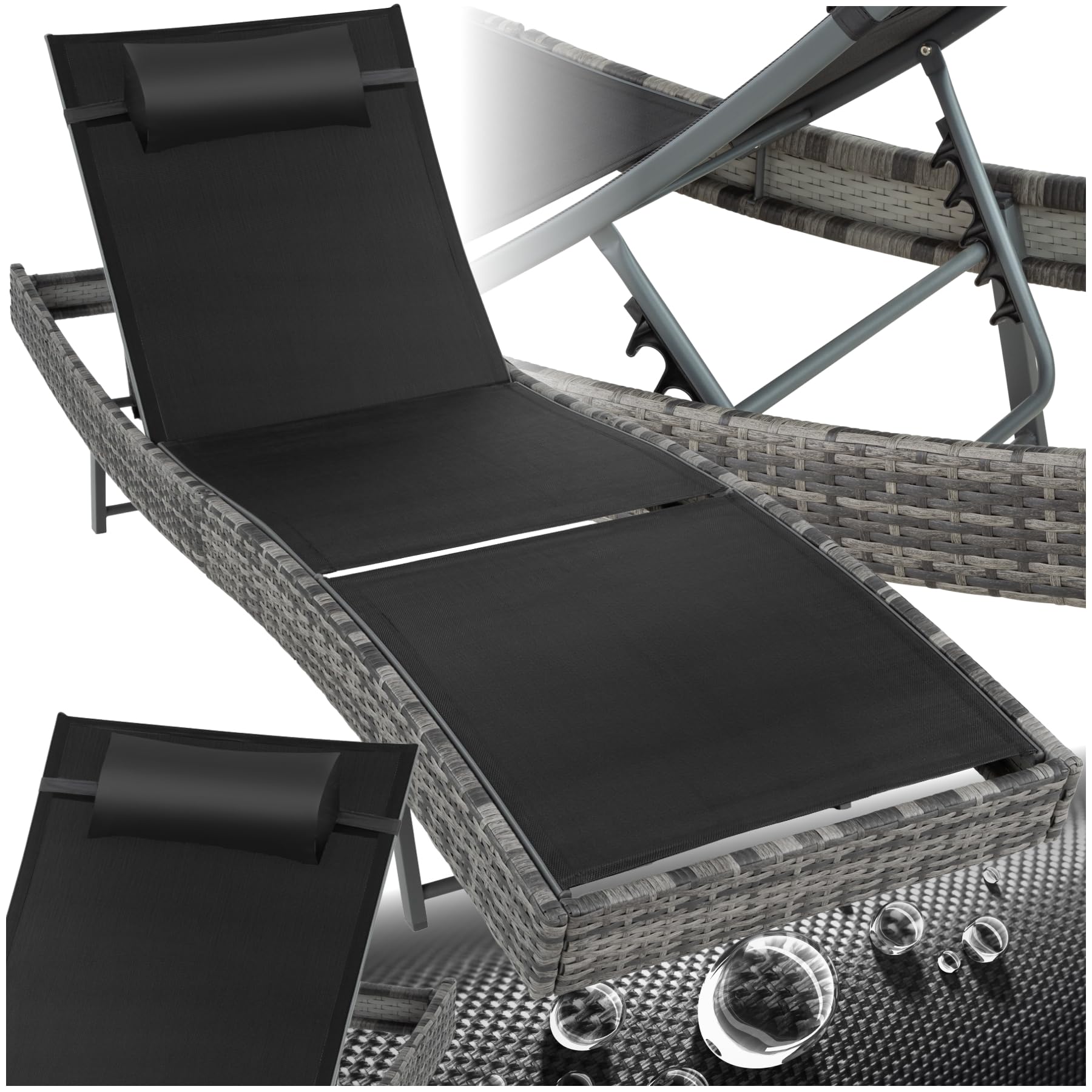 tectake® Chaise Longue Bain de Soleil en Résine Tréssée, Résistant Dossier Inclinable sur 6 positions, Appuie-tête inclus Transat Salon de jardin exterieur Mobilier de Jardin Chaise Longue Relax Plage