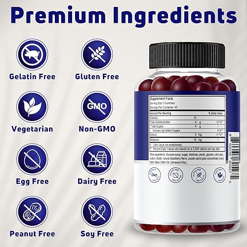 Miniatura 5 de Gomitas de melatonina de 10 mg de suministro para 45 días. Gomitas de melatonina para adultos. Sin gelatina, vegetariano. Apoya el sueño, la