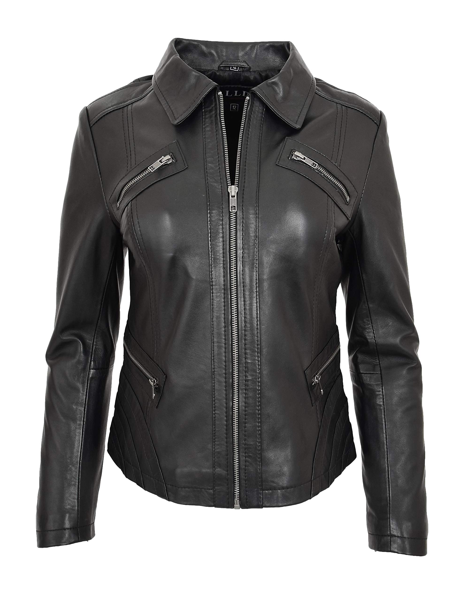 Womens Real Leather Jacket Classic Zip Fastening Slim Fit Style Nova (16, Black)
