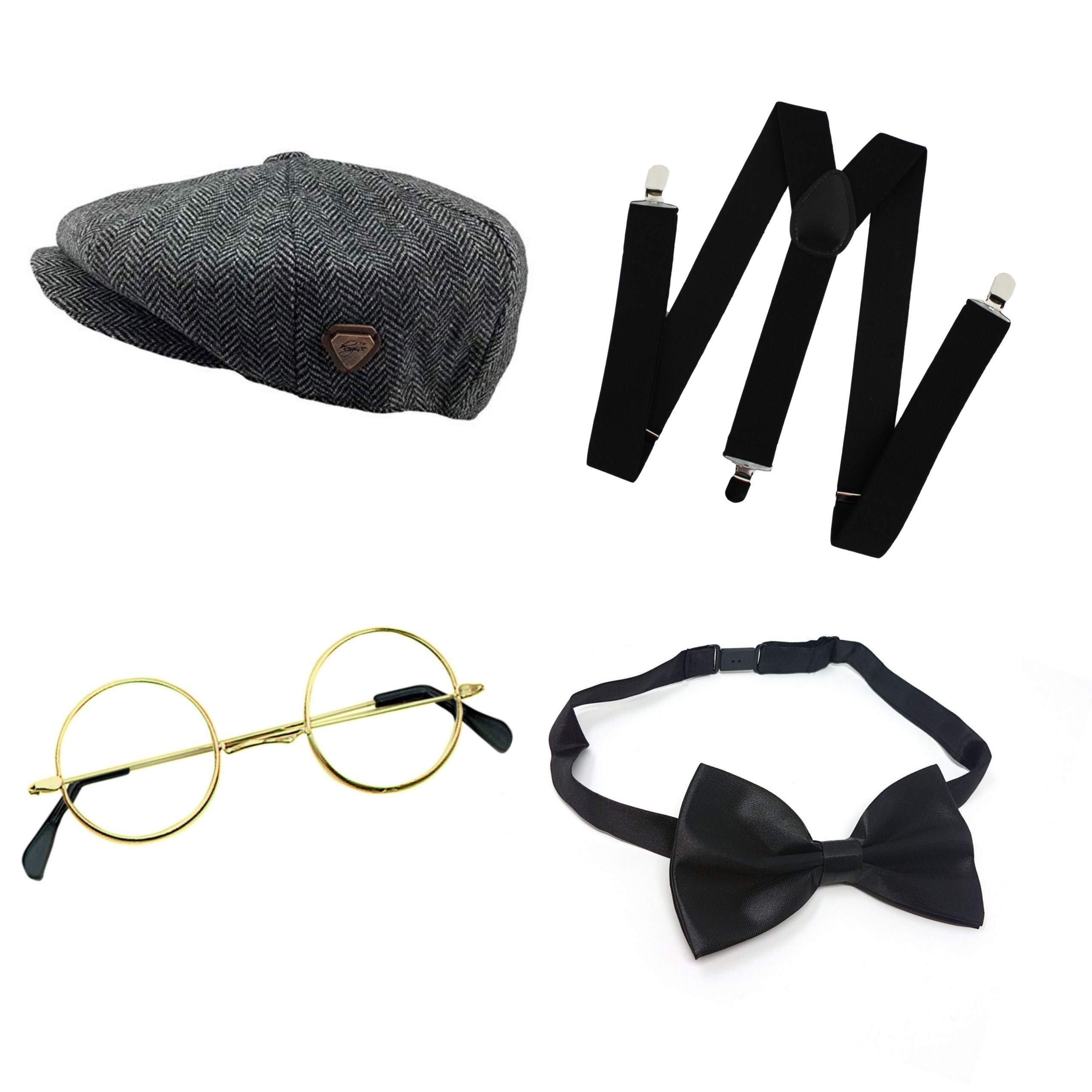 Seemeinthat Gangster Disguise Set Flat Cap Black Braces Bow Tie Gold Rimmed Glasses