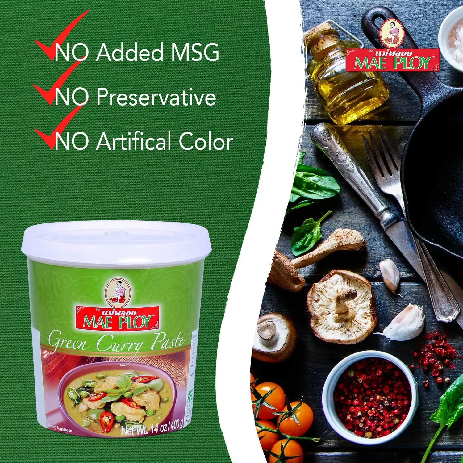 Pasta de Curry Verde Tailandés 400 g, mezcla aromática picante para recetas thai