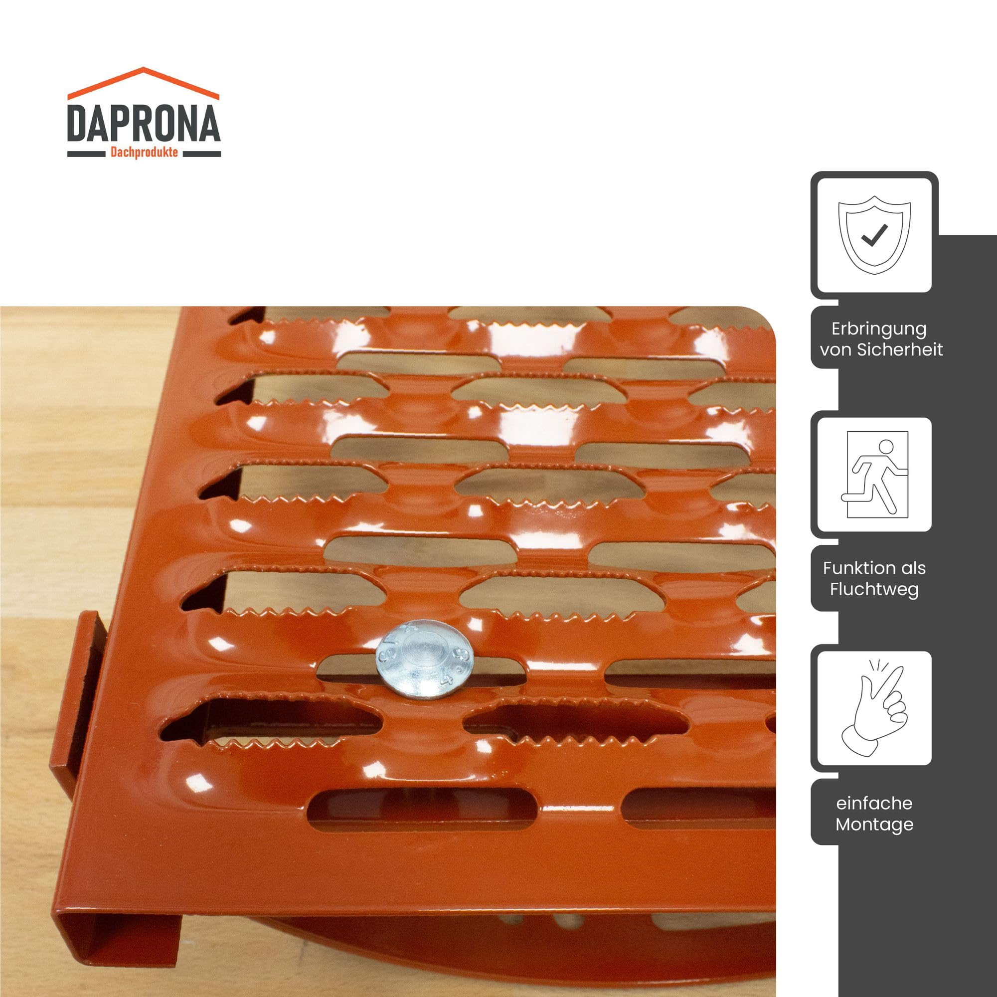 Laufrost Set für gewellte Dachziegel 60cm, Dachtritte für Schornsteinfeger Ziegelrot, inkl. Montagematerial für sichere Dachbegehung