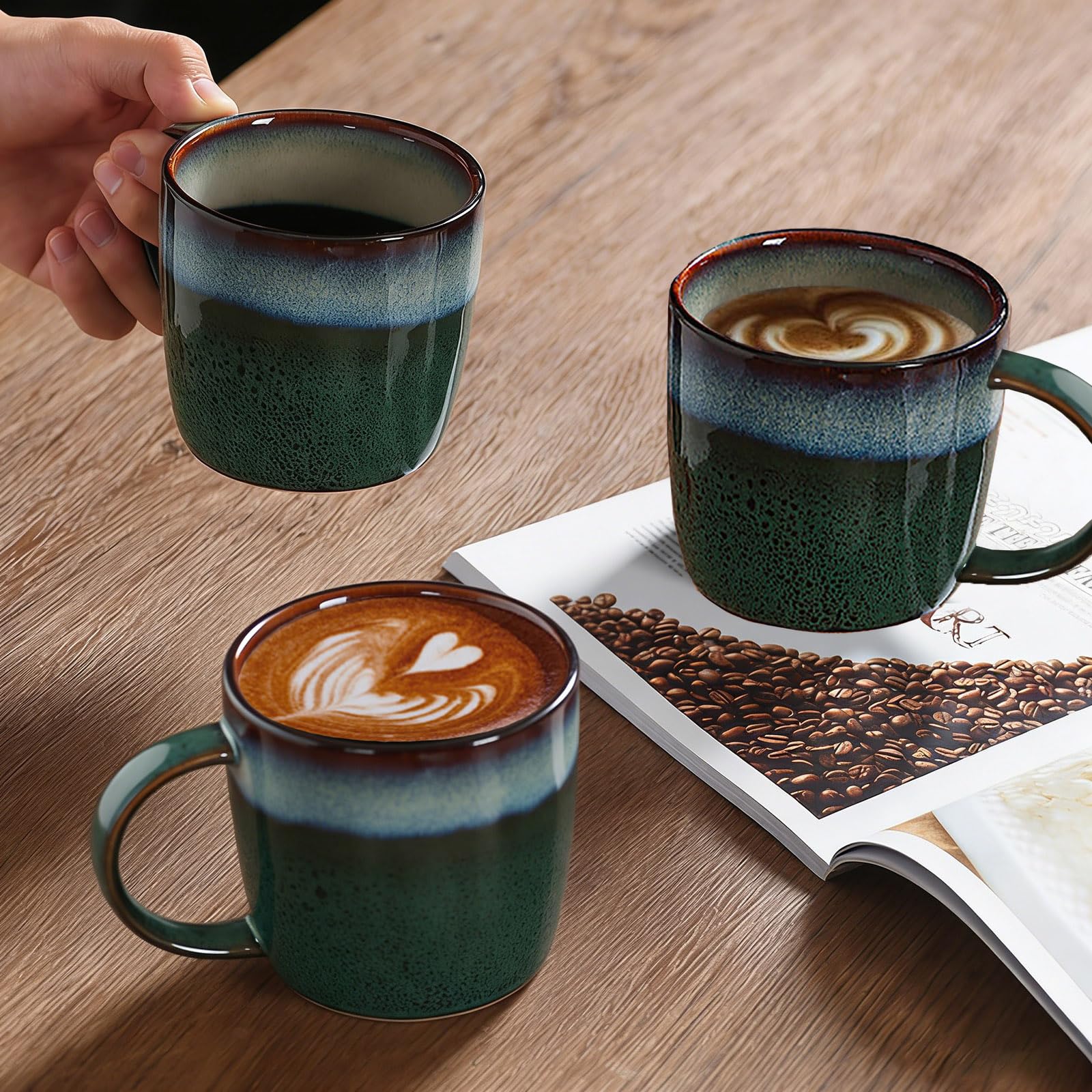 Juego de 4 tazas de café expreso de cerámica de 325 ml, aptas para lavavajillas y microondas, tazas de café expreso de 330 ml, tazas Demitasse esmaltadas especiales, tazas de gres con diseño graduado