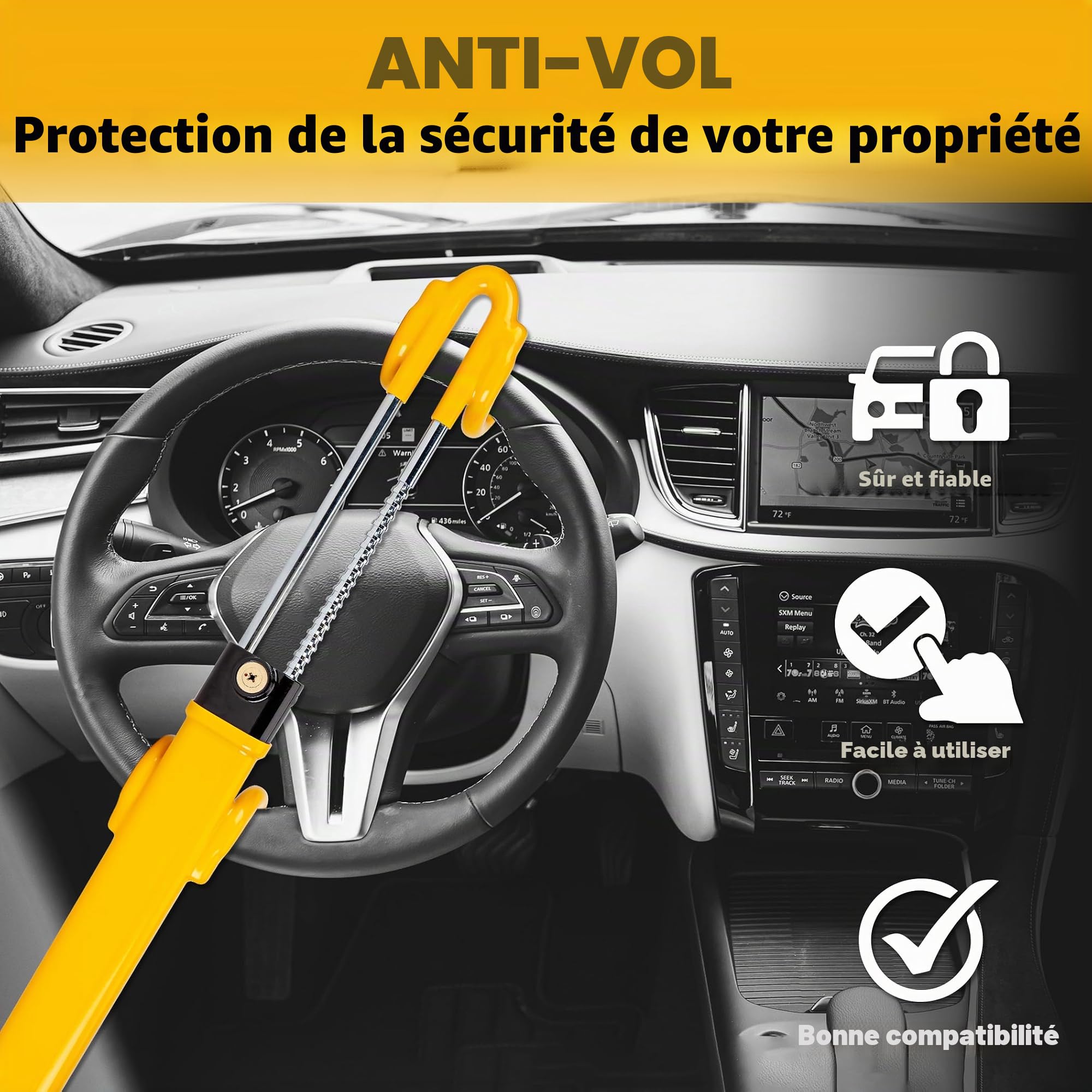 CARTMAN Antivol de volant robuste pour voiture - Dispositif de sécurité de voiture - Grande dissuasion - Réglable - Pour véhicule et camion - Avec 3 clés