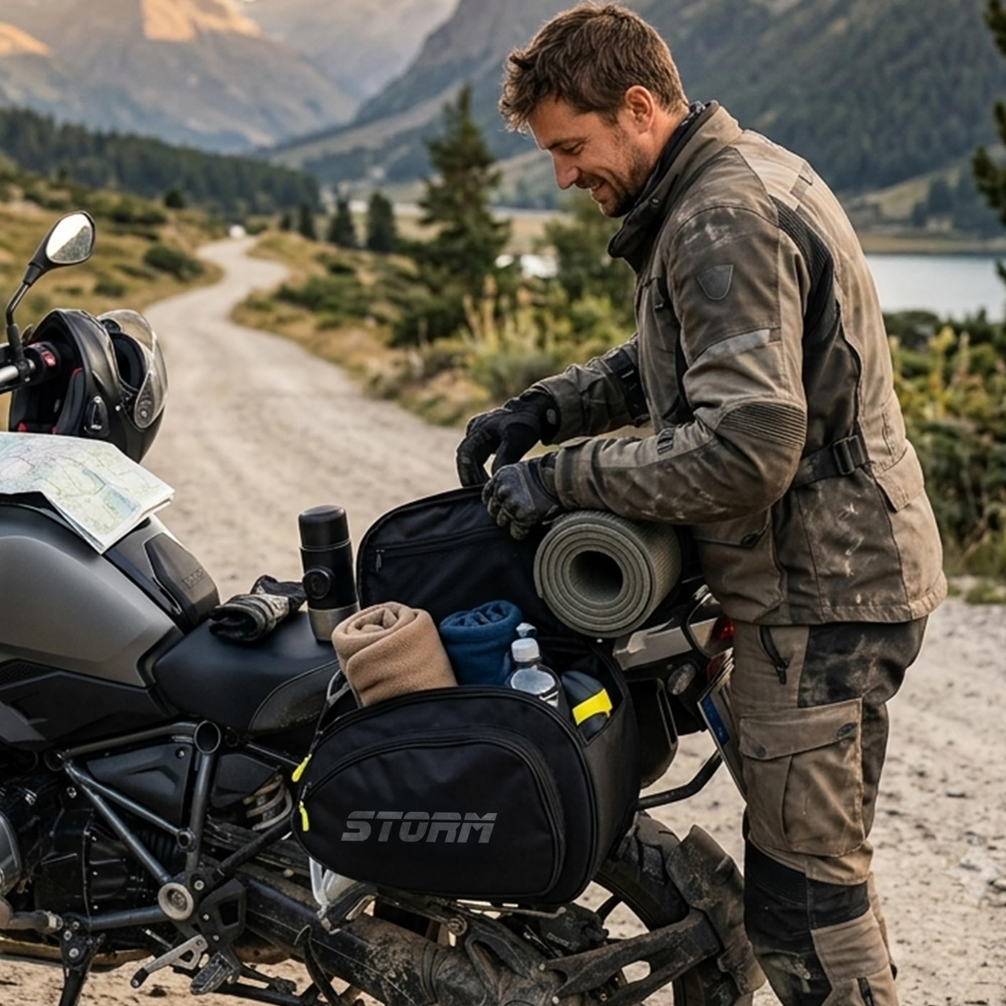 STORM Borse Laterali Moto 45 Litri, Coppia Borsoni Impermeabili con Doppia Apertura a Cerniera, Cinghie Regolabili, Universali, Nero (45 litri)
