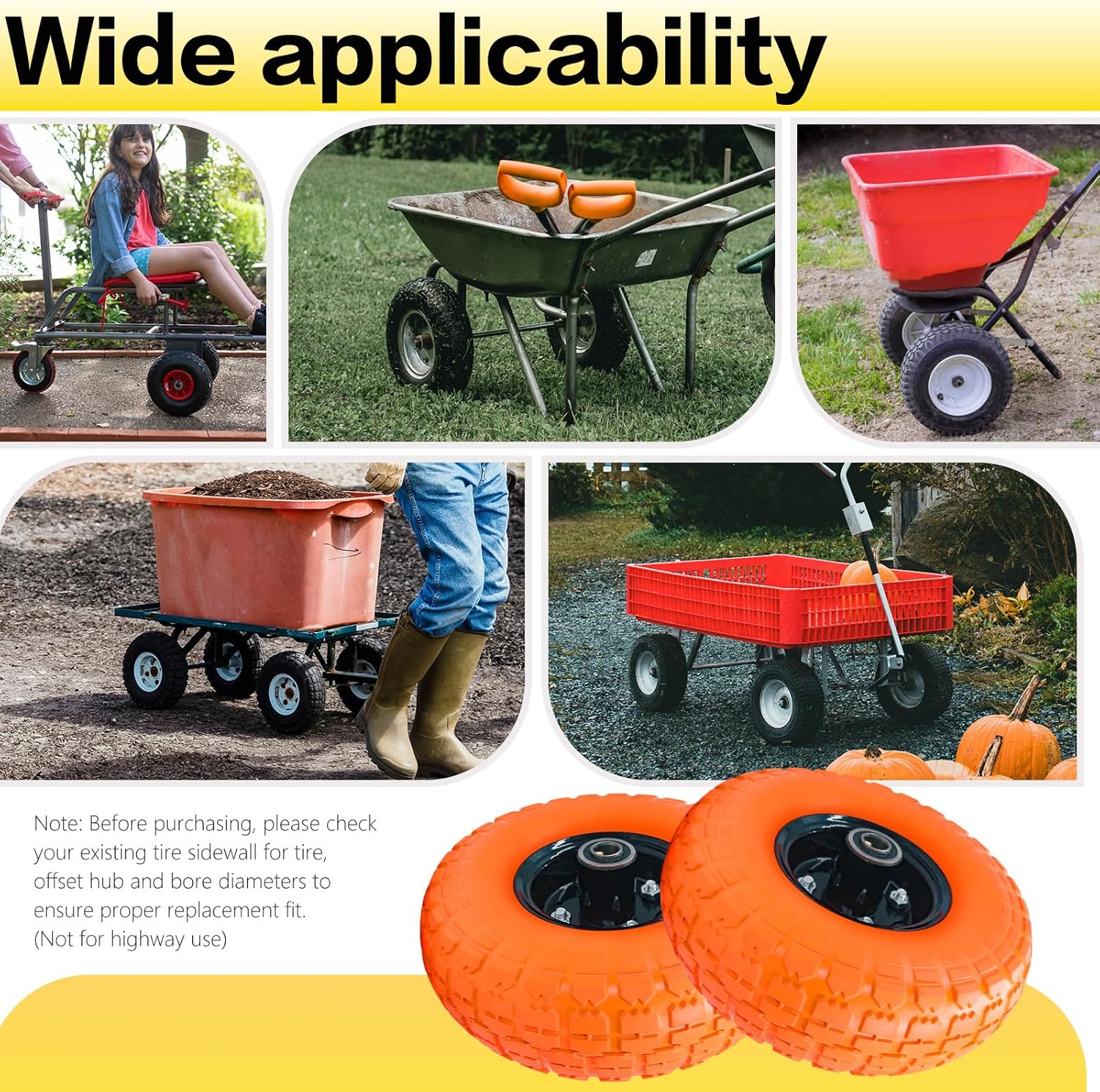 10" 4.10/3.50-4 Flat Free Solid Polyurethane Tire and Wheel with 5/8" Axle Borehole, 2.1" Offset Hub for Wheelbarrow,Hand Truck,Generators,Utility Cart(4Pack Orange)