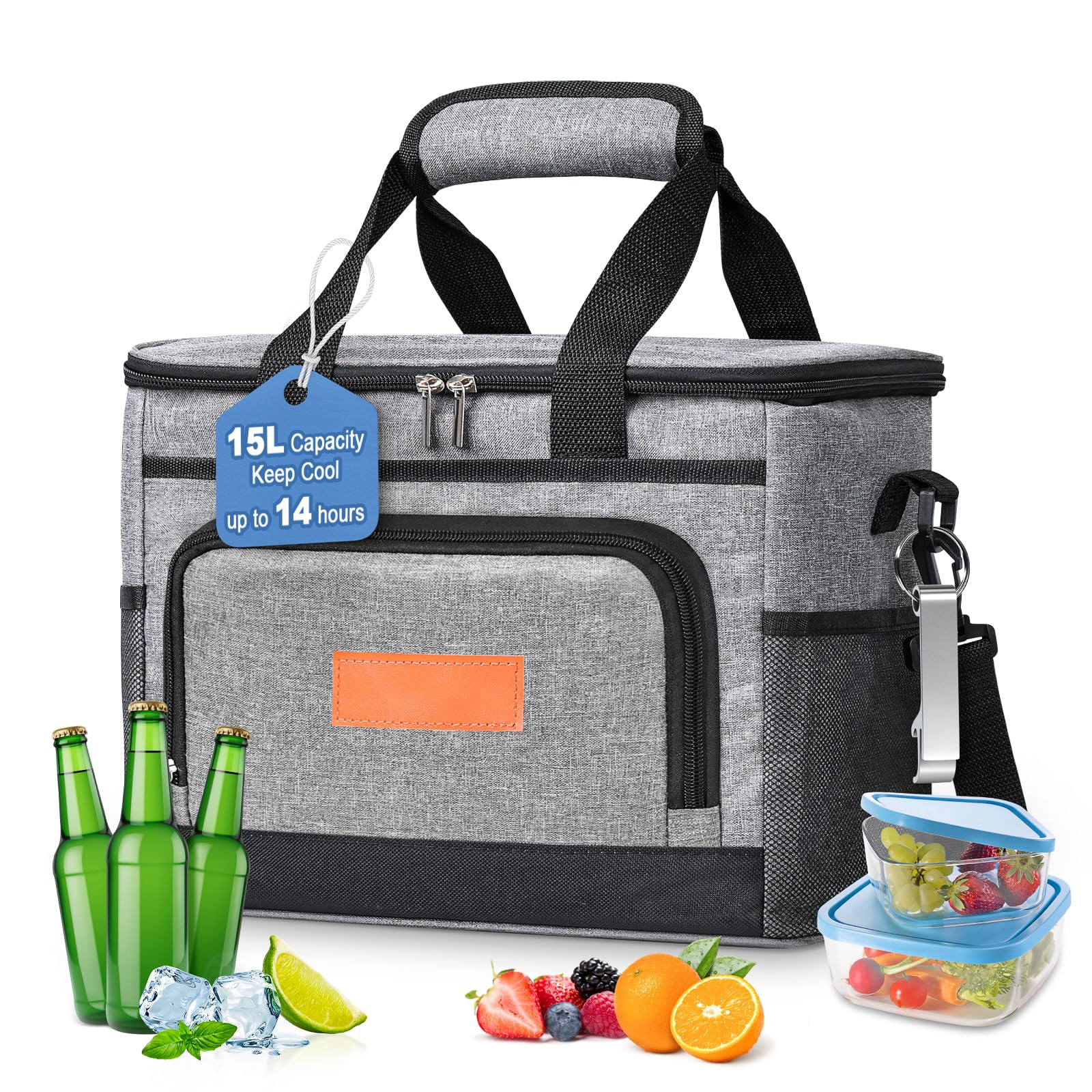Borsa Termica Porta Pranzo 15L Isolata Impermeabile Lunch Bag con Tracolla Regolabile Grigio