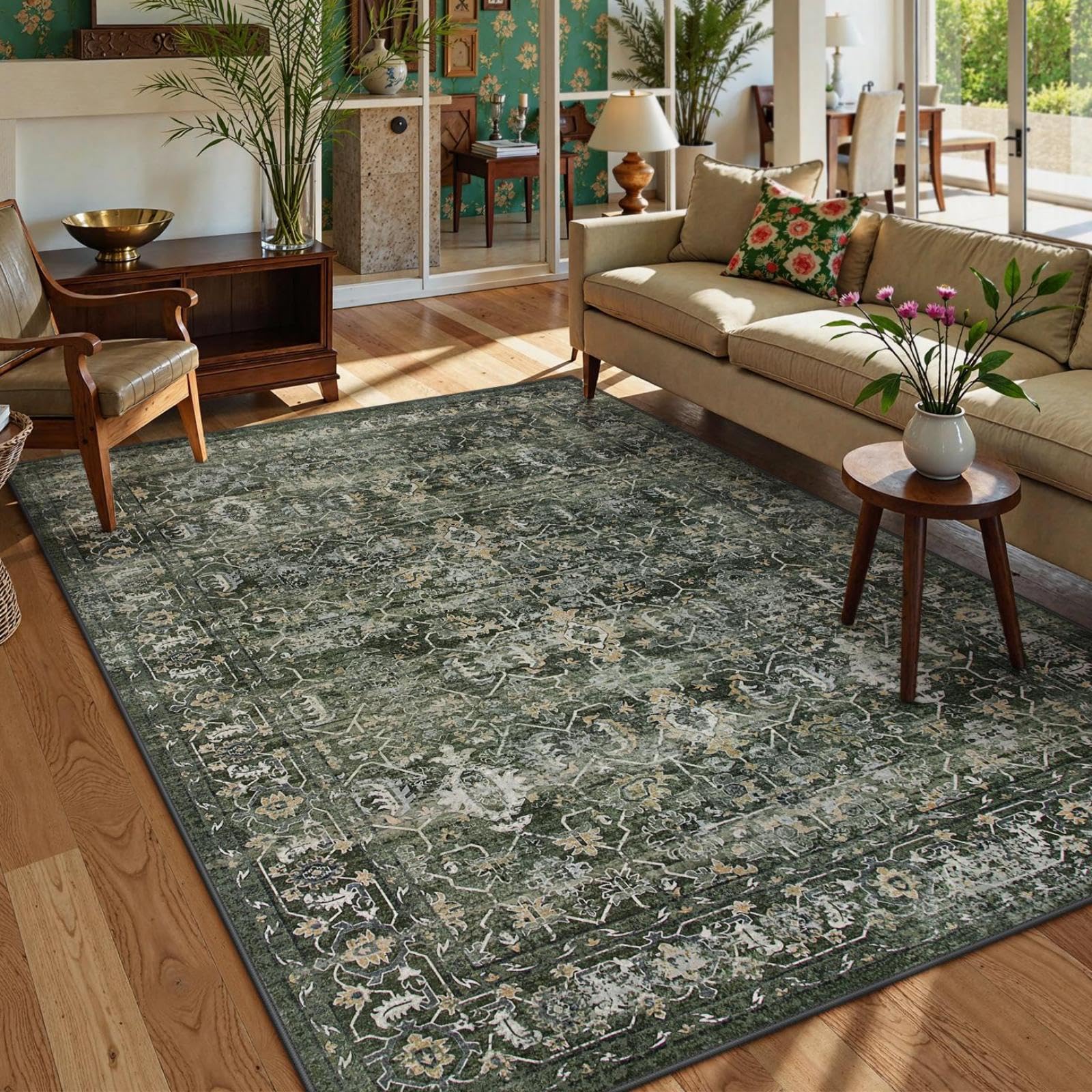LahomeWashable Rugs 14X18Cm Green Rugs For Living Room, Boho Green Area Rugs For Bedroom, Dining Room Rugs For Undertable, Worn Non Slip Low Pile Rug For Indoor Home Office Nursery (13 * 18cm,)