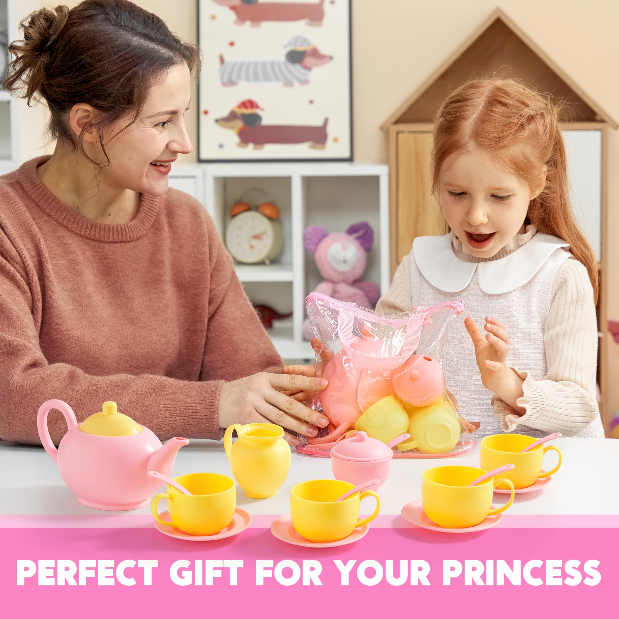 JOYIN Juego de 18 piezas de fiesta de té, juego de té de plástico rosa, mini cocina para niños, regalos para niños y niñas de 3, 4, 5, 6 años