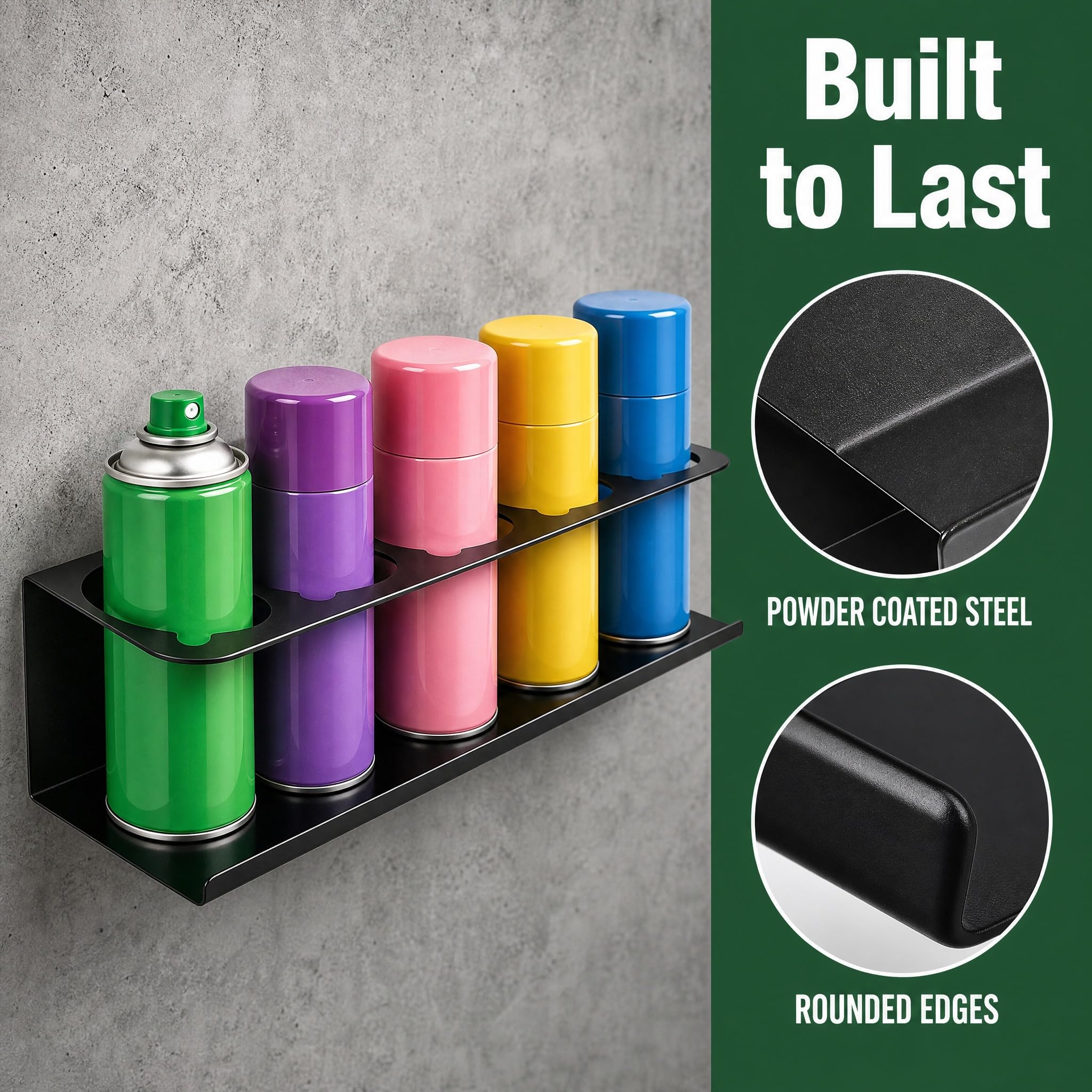 2 soportes para latas de aerosol de acero al carbono negro para 5 latas de 7,6 cm, soporte para latas de taller con tubo de expansión y tornillos, accesorios para garaje, taller, caravana