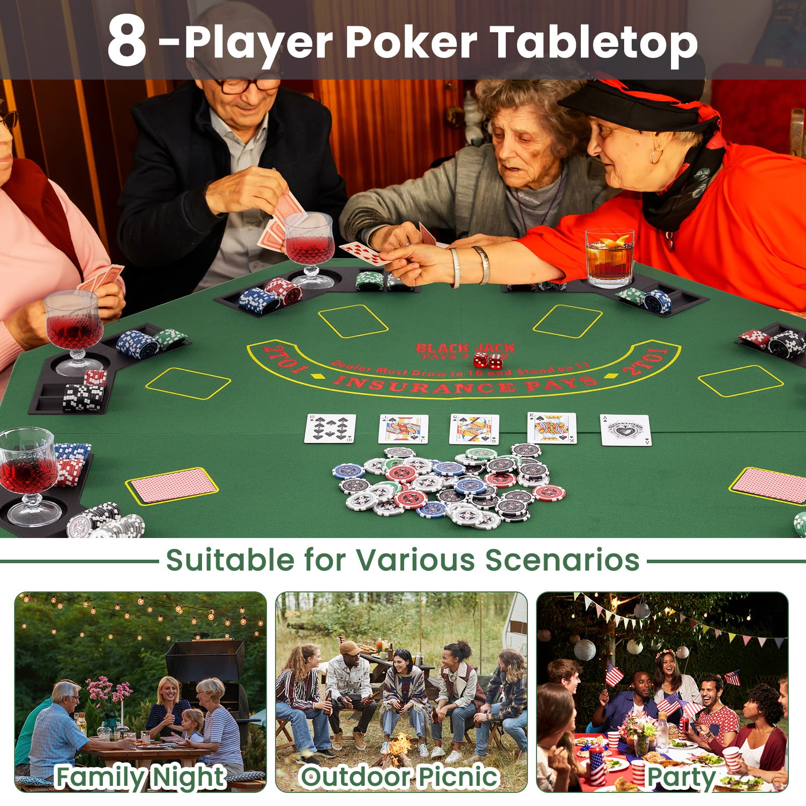 GOPLUS Mesa de Póker Portátil para 8 Jugadores, Tablero de Juego de 120 CM con Portavasos y Bandejas para Fichas, Bolsa de Transporte, Base Antideslizante, Diseño para Juegos en Familia, Casino