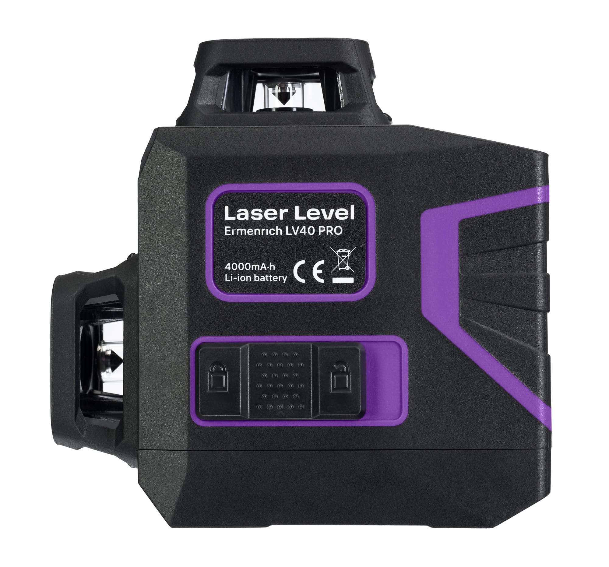PRO LV40 Zielona Poziomica Laserowa Samopoziomująca Tryb Impulsowy 30 m 2D 8 Linii — 360° — IP54 42 Godziny Czasu Pracy Ładowalna Blokada Kompensatora Fioletowa