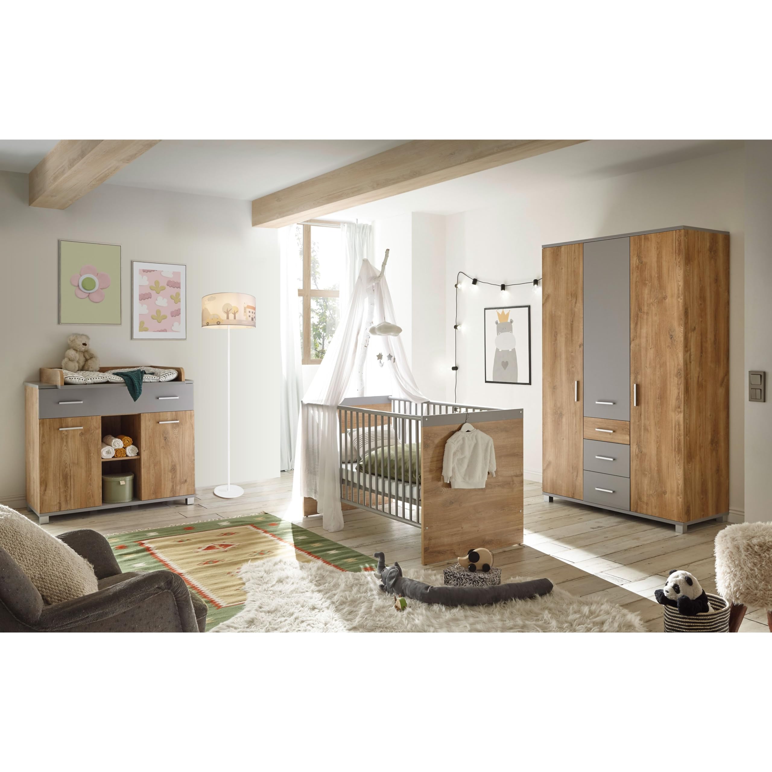 LARISSA Baby Wickelkommode inkl. Wickelaufsatz Bolton Oak Optik Arktisgrau 107 x 104 x 79 cm