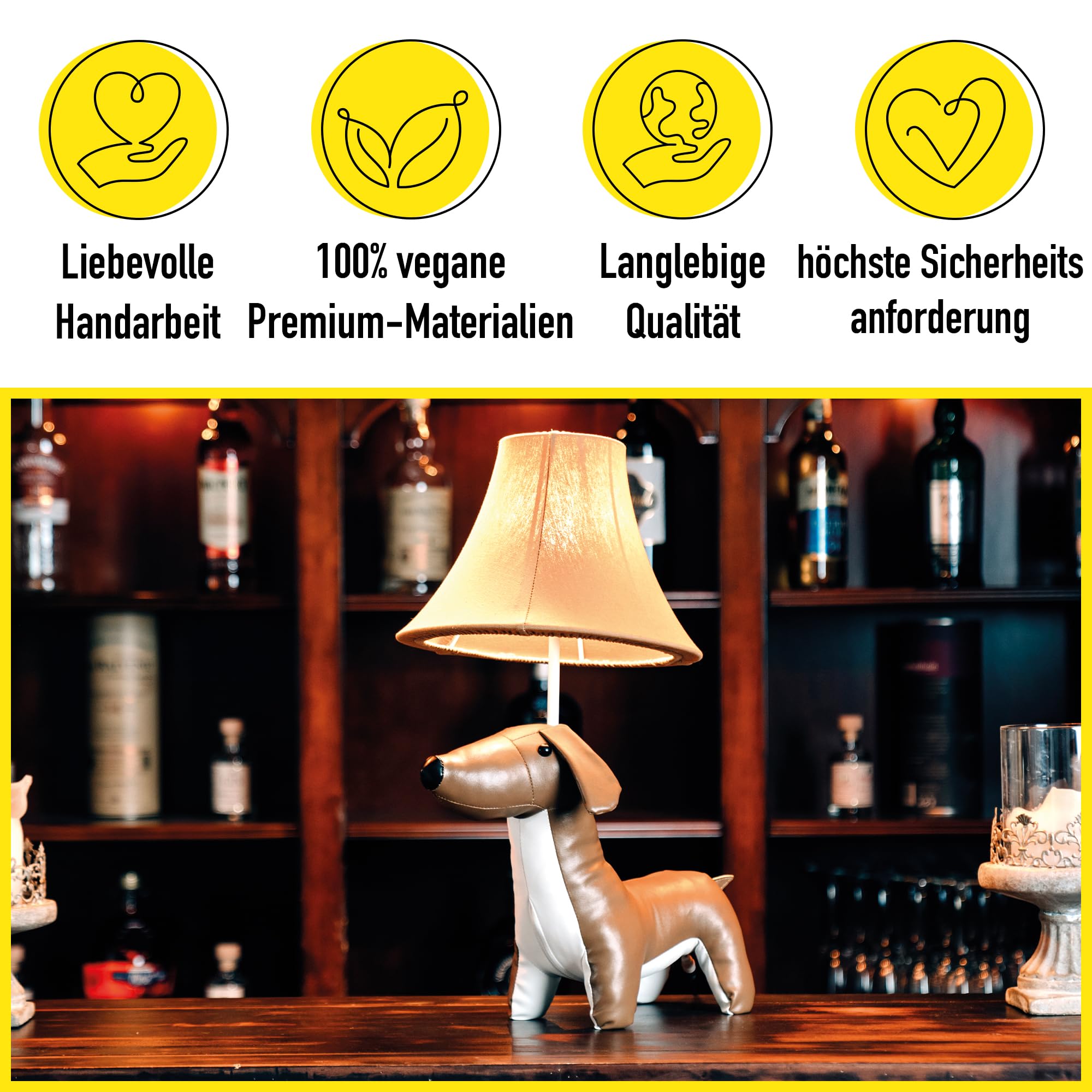 Happy Lamps for smiling eyes Waldi Dackellampe, LED-Tischleuchte, 48 cm hoch, Dekoleuchte, veganes Leder, Handarbeit, hochwertige Tischlampe, top Qualität, Braun und Weiß