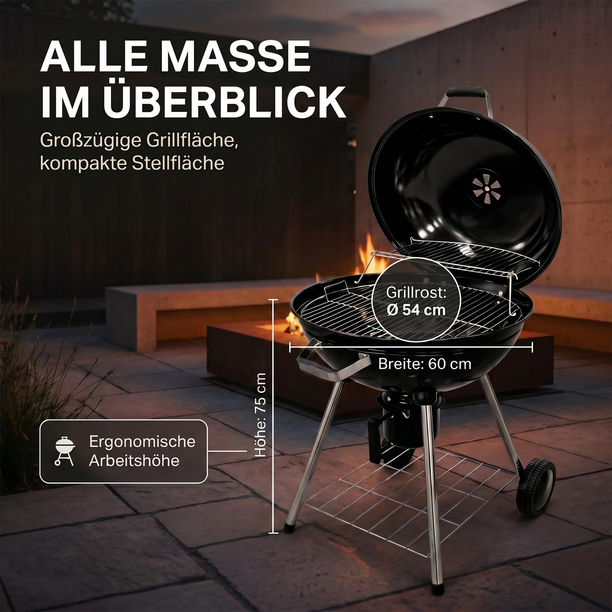 Kugelgrill 54 cm Holzkohlegrill mit Deckel & Thermo-Luftregulierung – Große Grillfläche Ø54 cm – Mobiler BBQ Grill mit Aschebehälter & Ablage – Holzkohle Standgrill für Garten & Terrasse