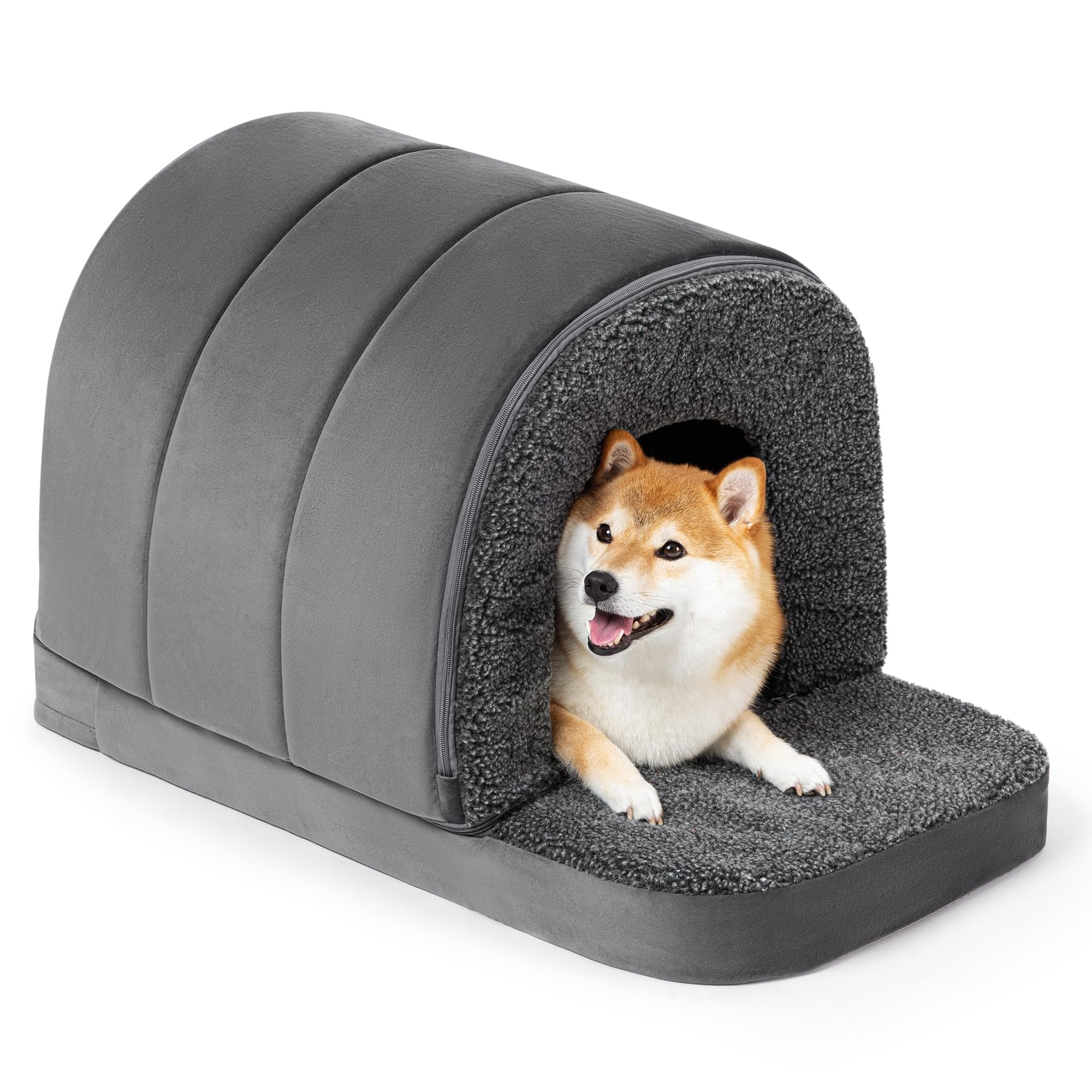 PELZIN Orthopedic Dog Bed House with Cover Cave - Indoor Dog House with Egg-Crate Foam - Porched Pet Shelter - Ideal for Medium Breeds & Fits 76cm Crate - 73x45cm