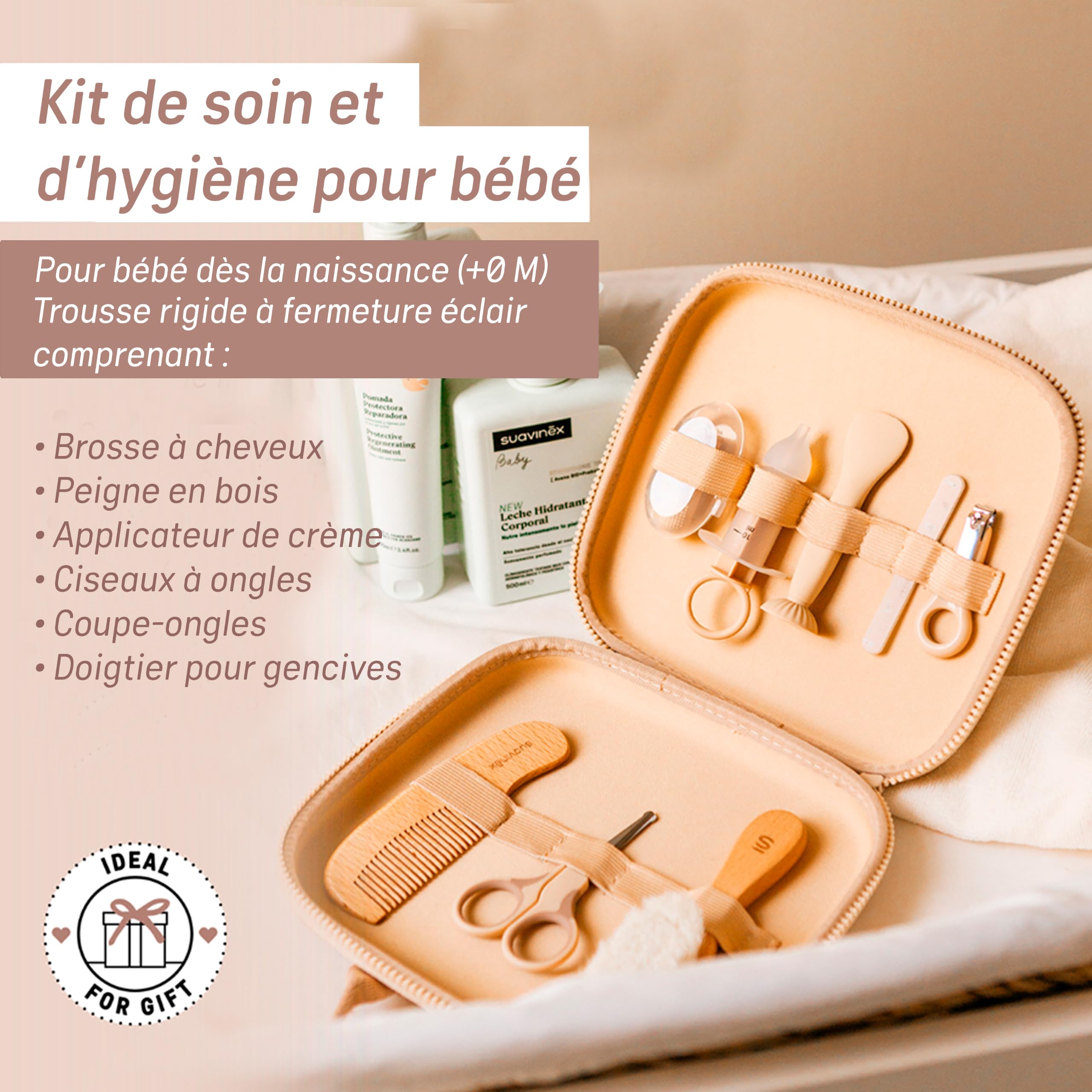 Suavinex Kit Hygiène Bébé, Trousse Toilette, Set Soin Nouveau-né, Beige