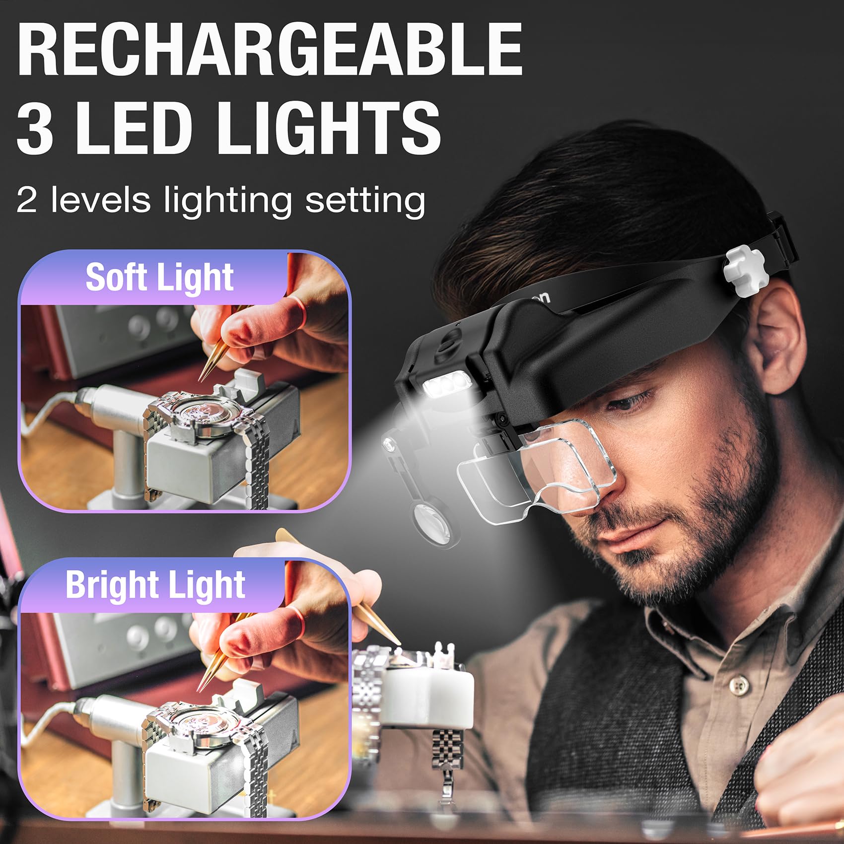 Lupa con luz de 1 a 14 aumentos con 6 Lentes Desmontables, Lupa con Diadema Recargable Manos Libres para Aficiones, modelismo, joyería, Manualidades