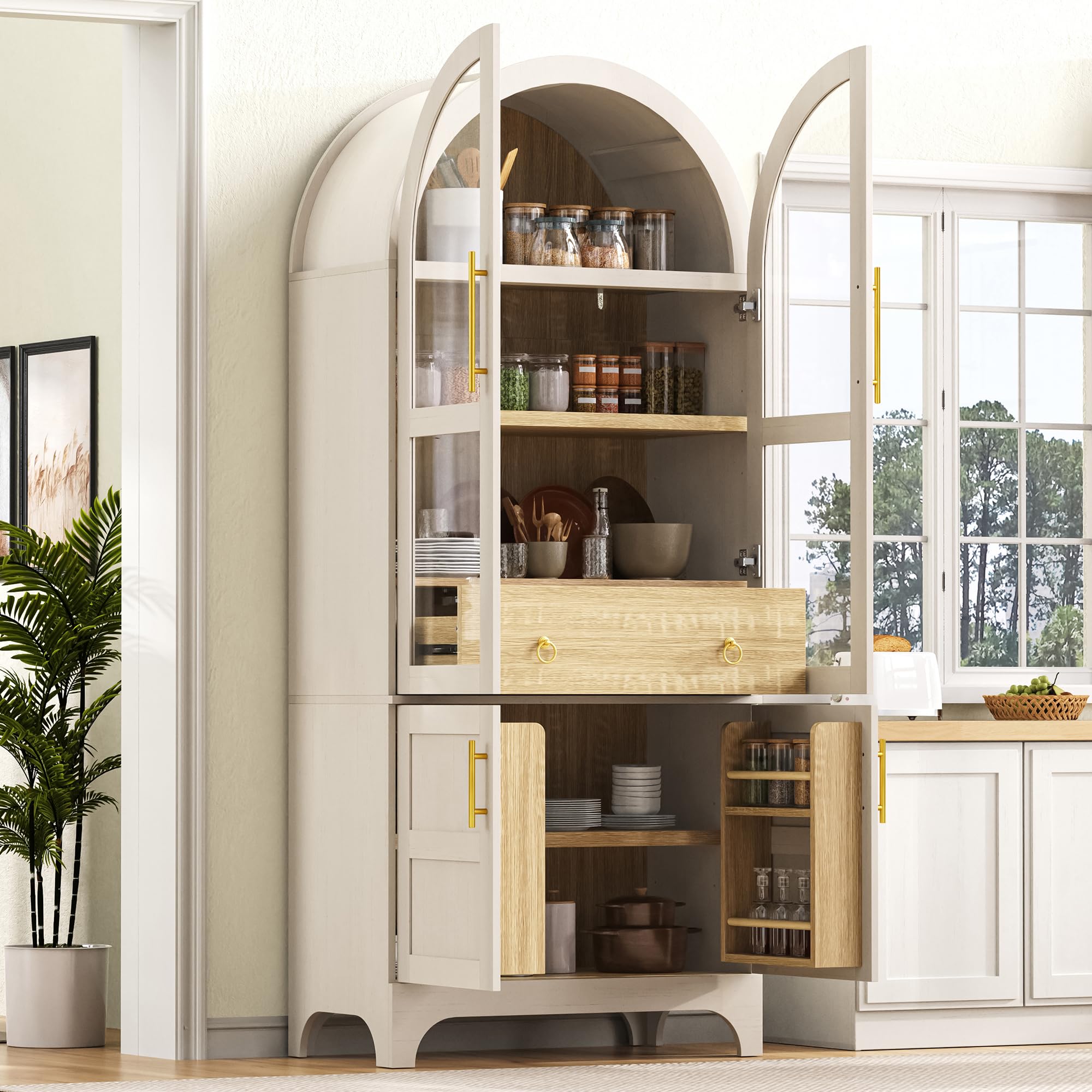 Mobiletto alto con vetro scanalato, ripiani regolabili, cassetto, armadietto da cucina con grande capienza, ideale per sala da pranzo, soggiorno, cucina, bianco