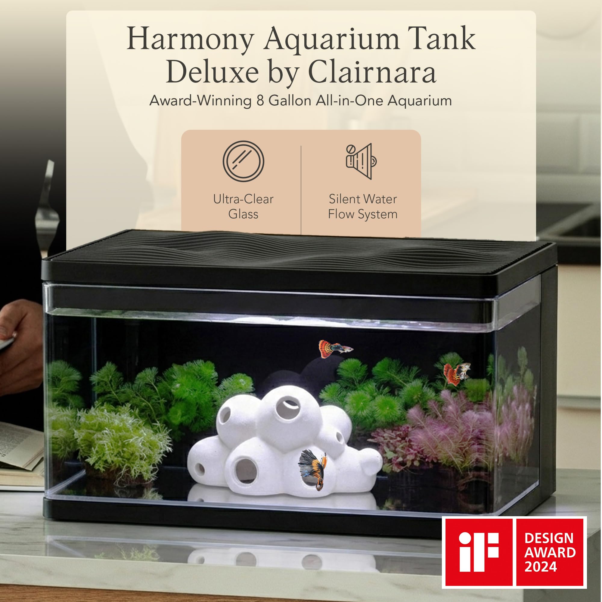 Harmony Aquarium Deluxe von Clairnara – All-in-One Süßwasser-Fischbecken mit LED-Licht, leiser Pumpe und patentierter Filtration – iF Design Award Gewinner