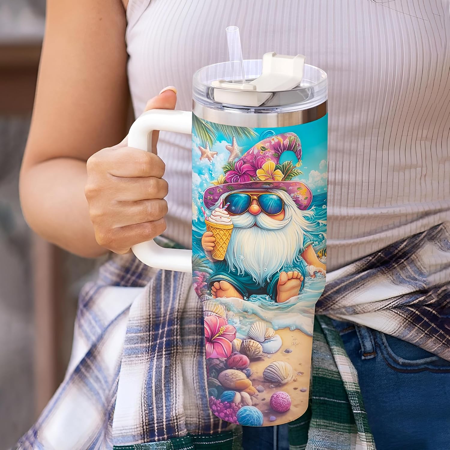 Hyturtle Personalized Summer Gnome Tumbler - Gnome Gift For Women - Gift For Gnome Lover - Mothers Day Gnome Gifts - Gnome Gifts For Birthday - Custom Name Travel Coffee Cup 40oz With Lid and Straw