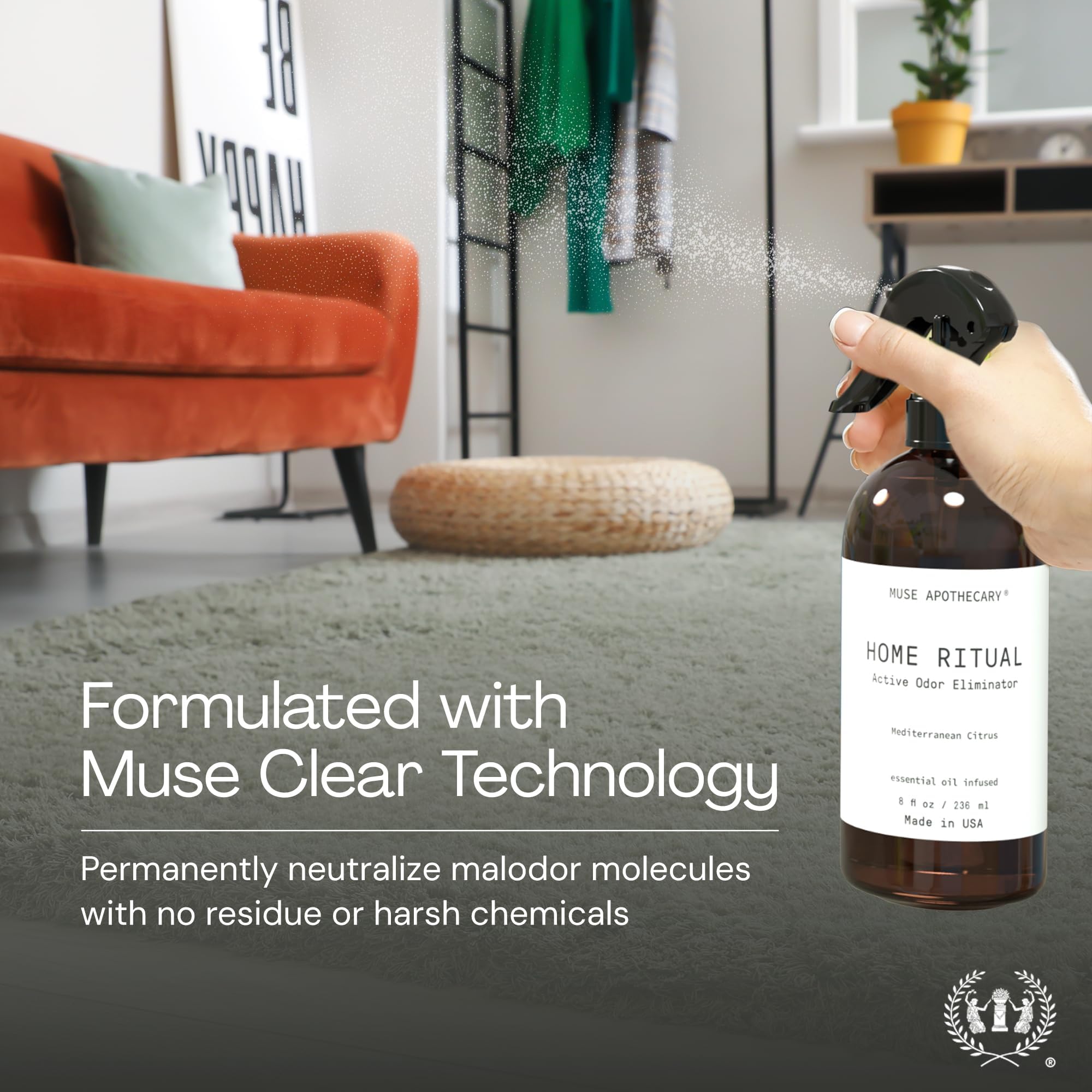 Muse Apothecary Home Ritual Active Odor Eliminator Spray - Furniture Deodorizer Spray & Bathroom Odor Eliminator for Home - Essential Oil Air Freshener - 8oz, Mediterranean Citrus view 3
