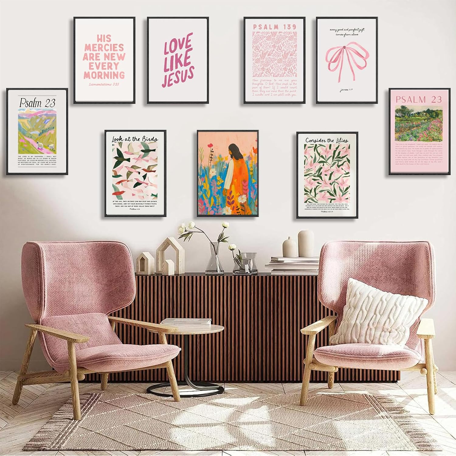9pcs Christian Wall Art Bundle in Pink Bible Verse Paintings Pictures Wall decor Jesus Poster Printing Artworkfor Girls Room Christian Housewarming Gift Fashionable college style Home Decoration