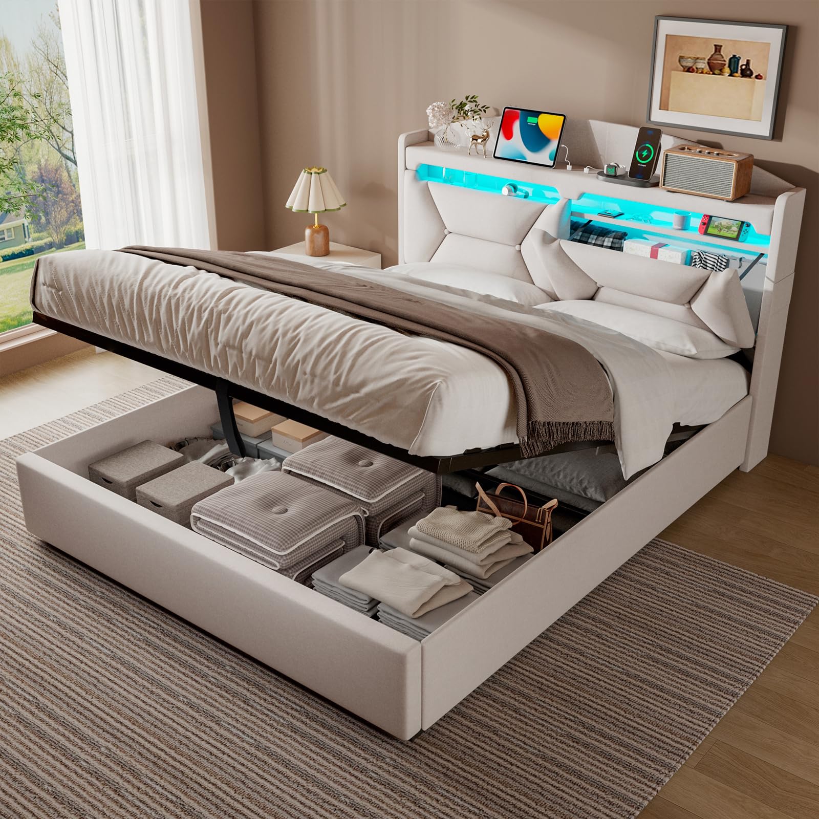 Letto Matrimoniale con Contenitore 140x200 cm, Letti Matrimoniali con LED, USB e Type-C, Letto Contenitore Idraulico, Letti Matrimoniali con Doghe, Beige Lino, Senza Materasso