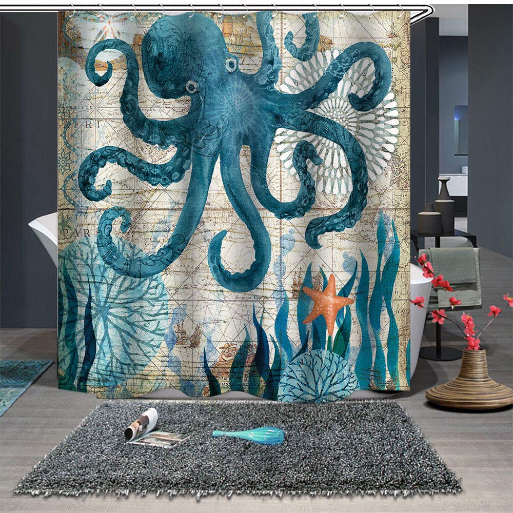 Tenda Doccia In Tessuto Impermeabile Con Tartarughe Marine E Polpo | 183x200 Cm | Zussun Design Blu Oceano Con Ganci Inclusi
