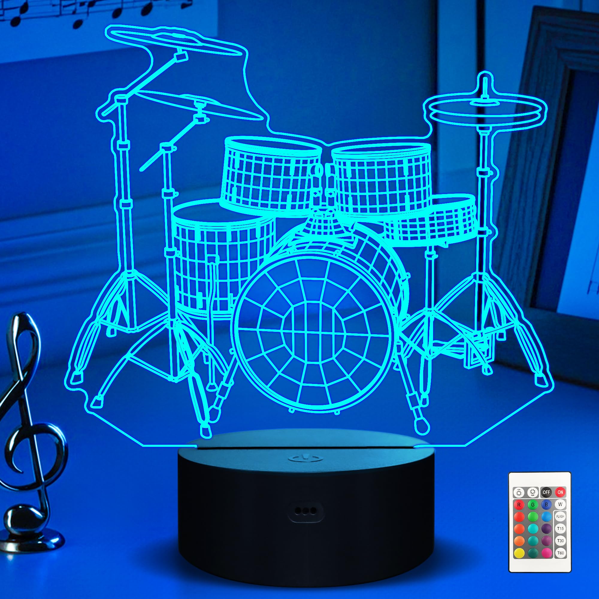 Ammonite Drum kit Night Light, 3D Illusion lamp for Kids, 16 Colors Changing with Remote & Timer, Amazing Idea Choice for Musical Instrument Shop Home Party Supply Decoration