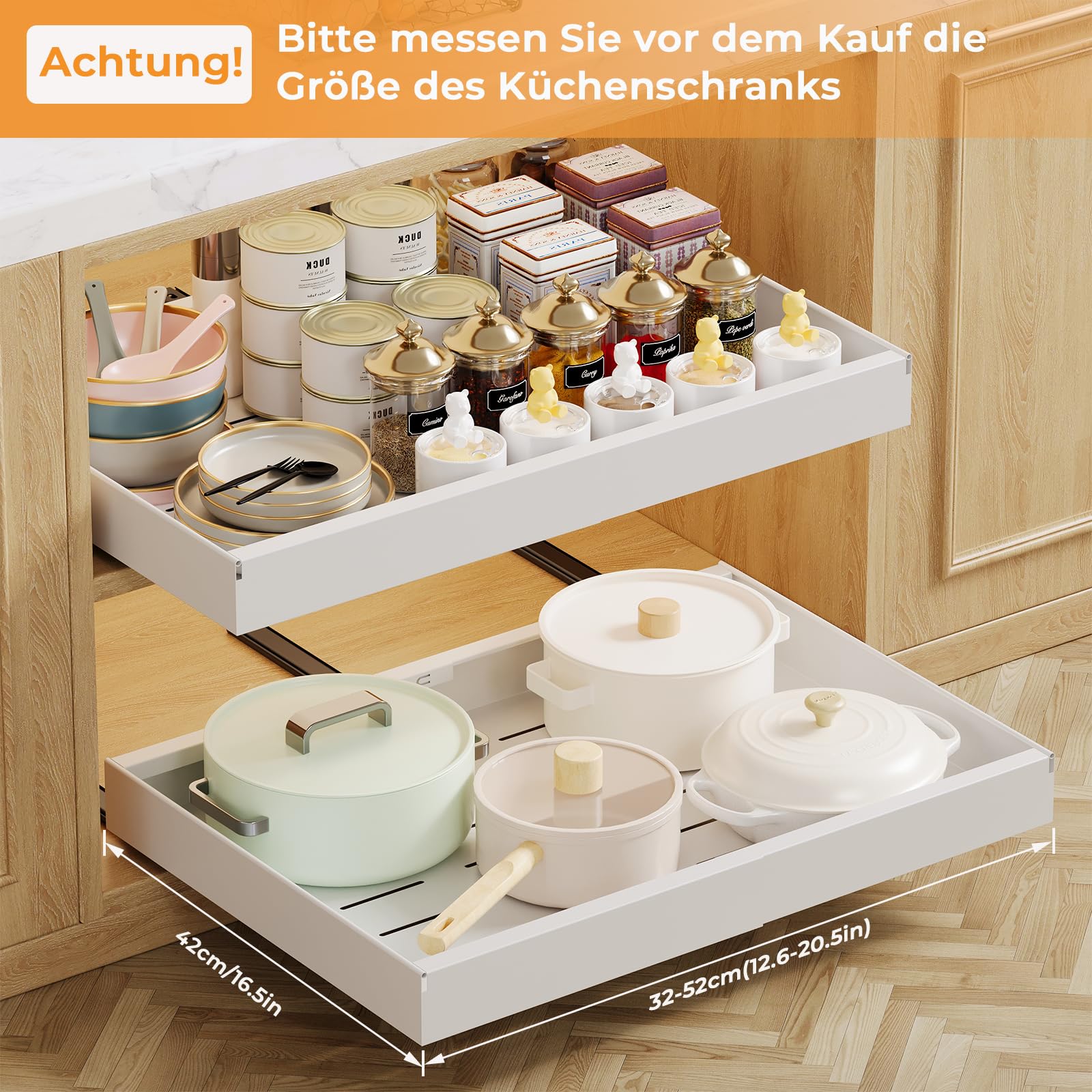 Teleskopschublade, Ausziehbare Schublade Küche Breite 32-52cm, Ausziehbarer Schrank Organizer mit Schienensystem, Stick Slide Out Auszug Küchenschrank für Küche Organisation, Weiß (4 Stück)