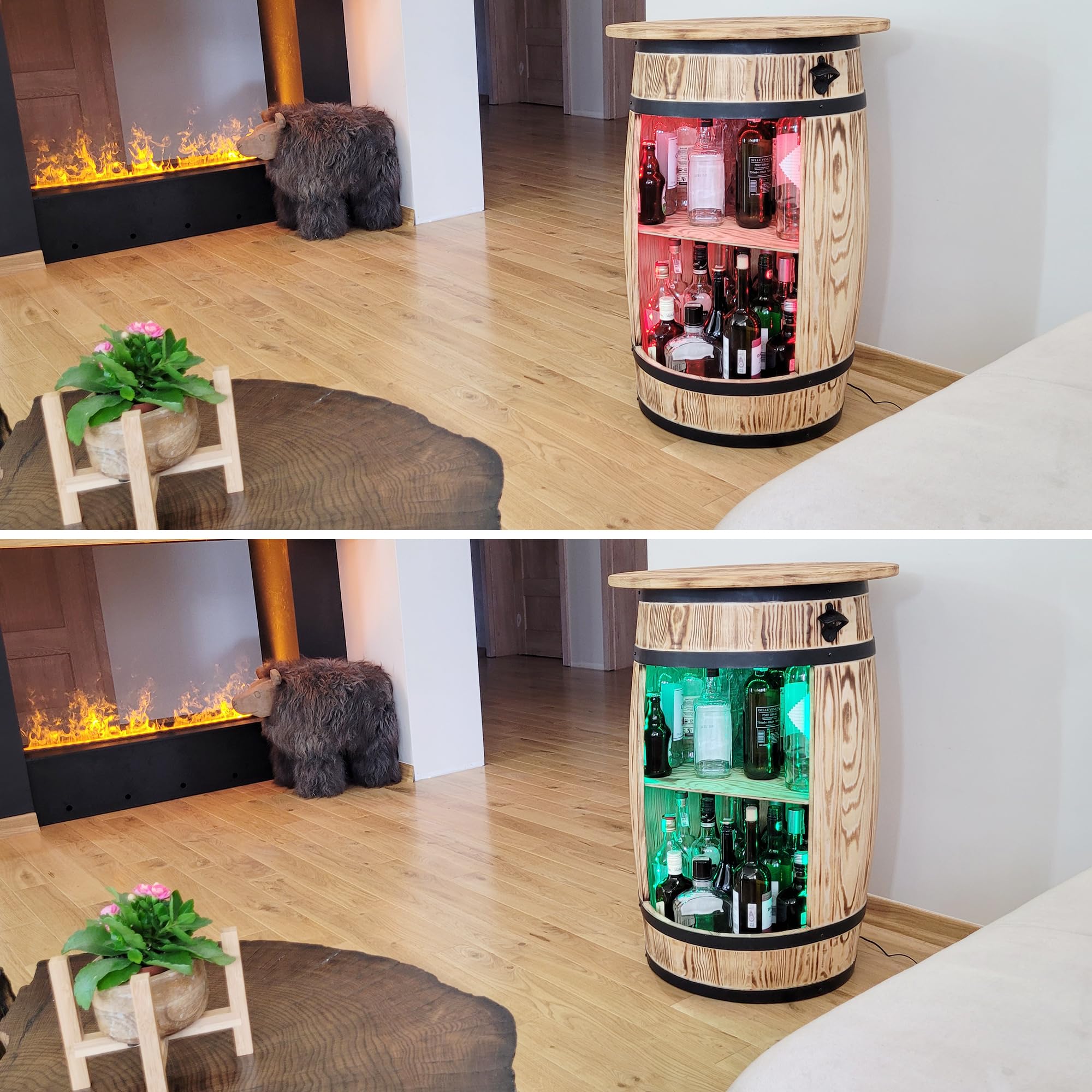 weeco Armadietto da bar con piano da tavolo e luci LED RGB – Tavolo Home Bar – Montabile – Scaffale in legno – Retro decorativo bar – Barile di legno con coperchio – Minibar Gin Whisky birra tavolo 80