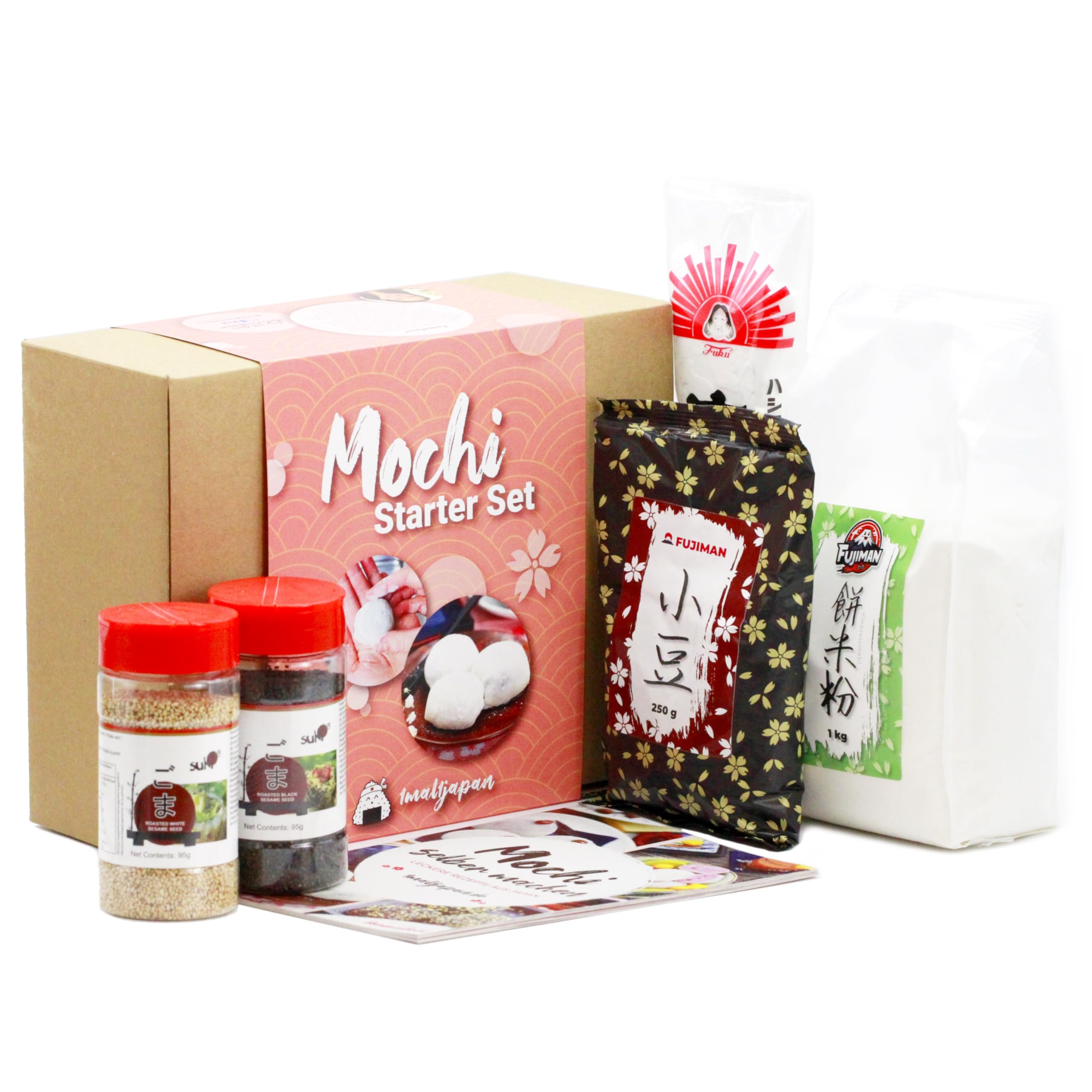 Mochi Kochset für japanische Reiskuchen – 6-tlg. | 5 leckere Rezepte selber machen: in den Sorten Eis, Schoko, u.v.m., glutenfrei & vegan, Geschenkidee | mit Klebreismehl, Sesam und Adzukibohnen
