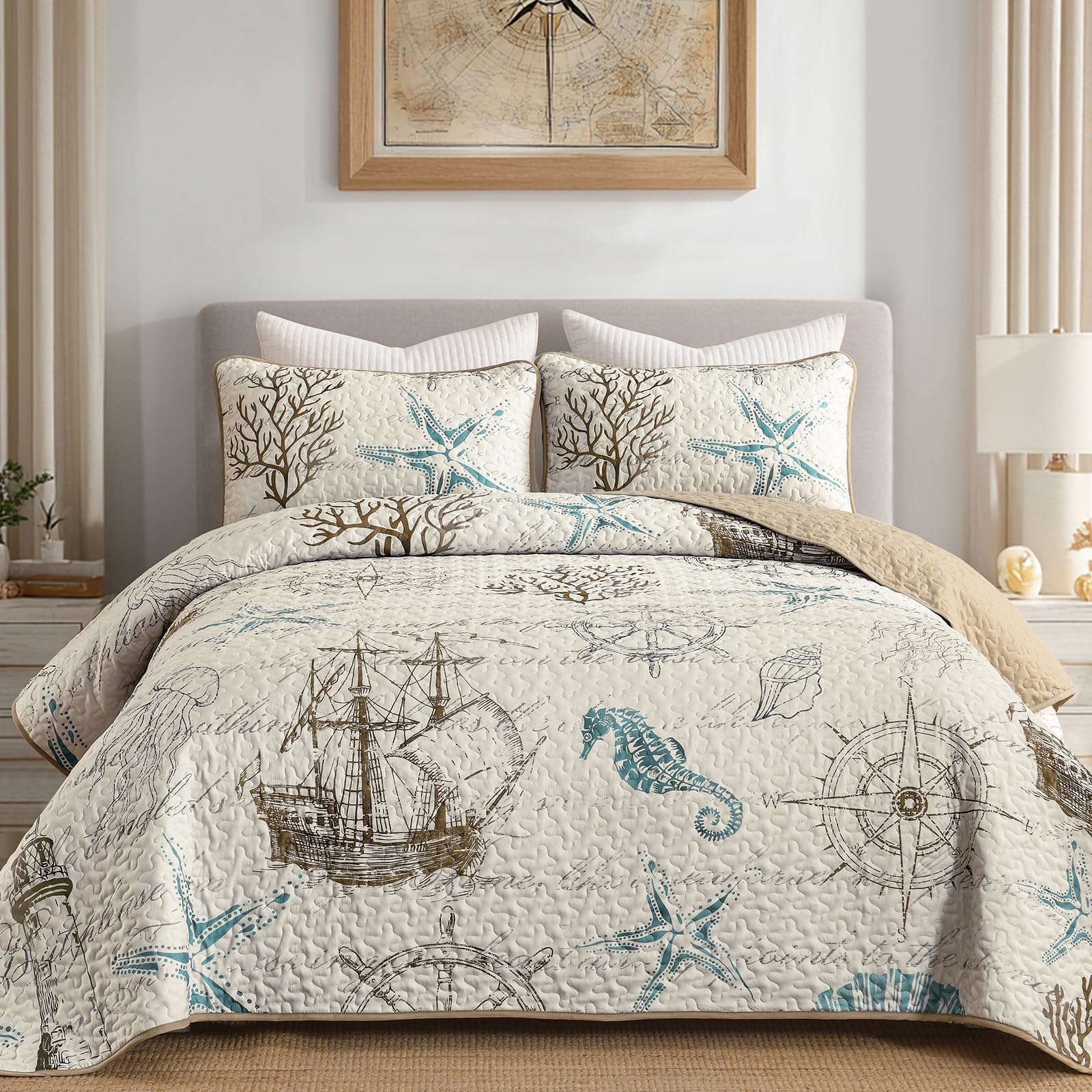 Dinjoy Coastal Quilts King - Blue Ocean Bedding -9