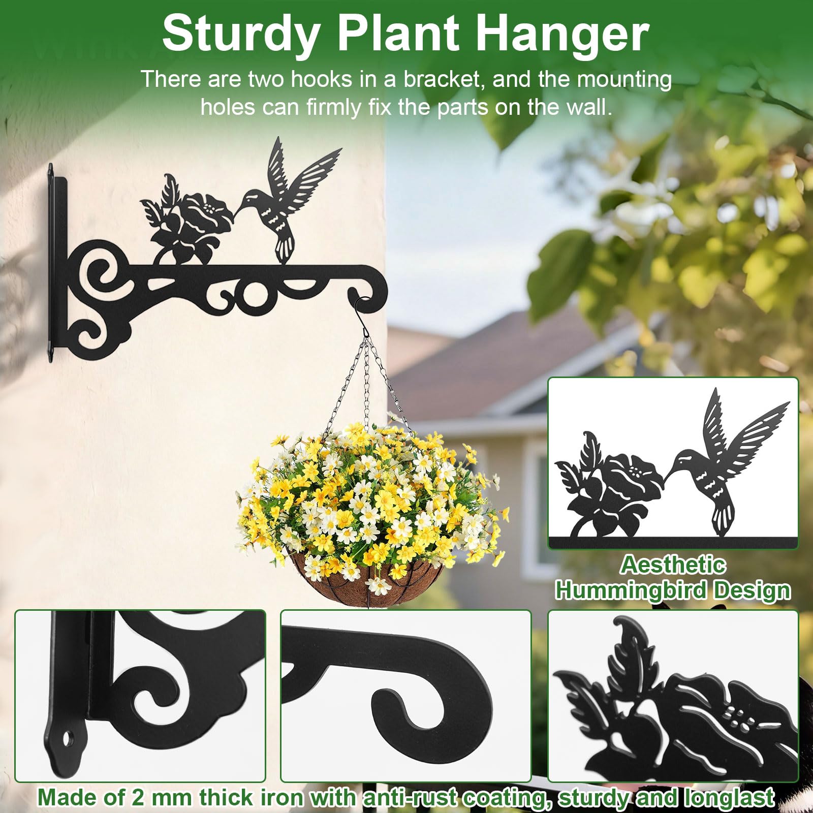 2 Piezas Ganchos de Pared para Macetas Colgantes, 25 cm Soporte para Plantas, Gancho para Macetas con Tornillos, Soporte para Macetas Colgantes Exterior para Colgar Plantas Linterna Cesta