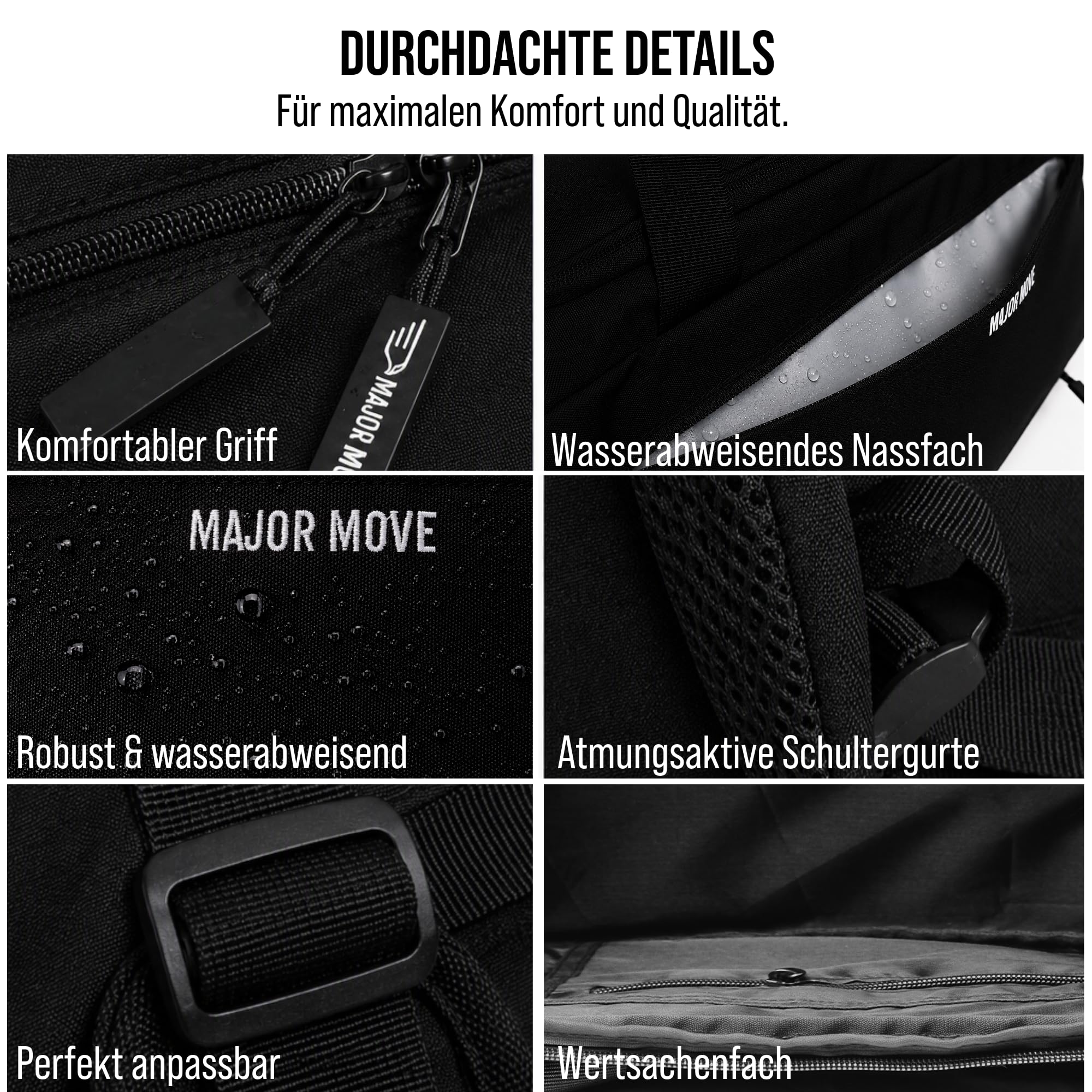 Major Move Sporttasche mit vertikalem Schuhfach, Nassfach, Rucksackfunktion | 41 L Trainingstasche mit Top-Zugang zum Schuhfach, Trennwand, 4 Tragearten, Koffer-Sleeve, formstabil und wasserabweisend